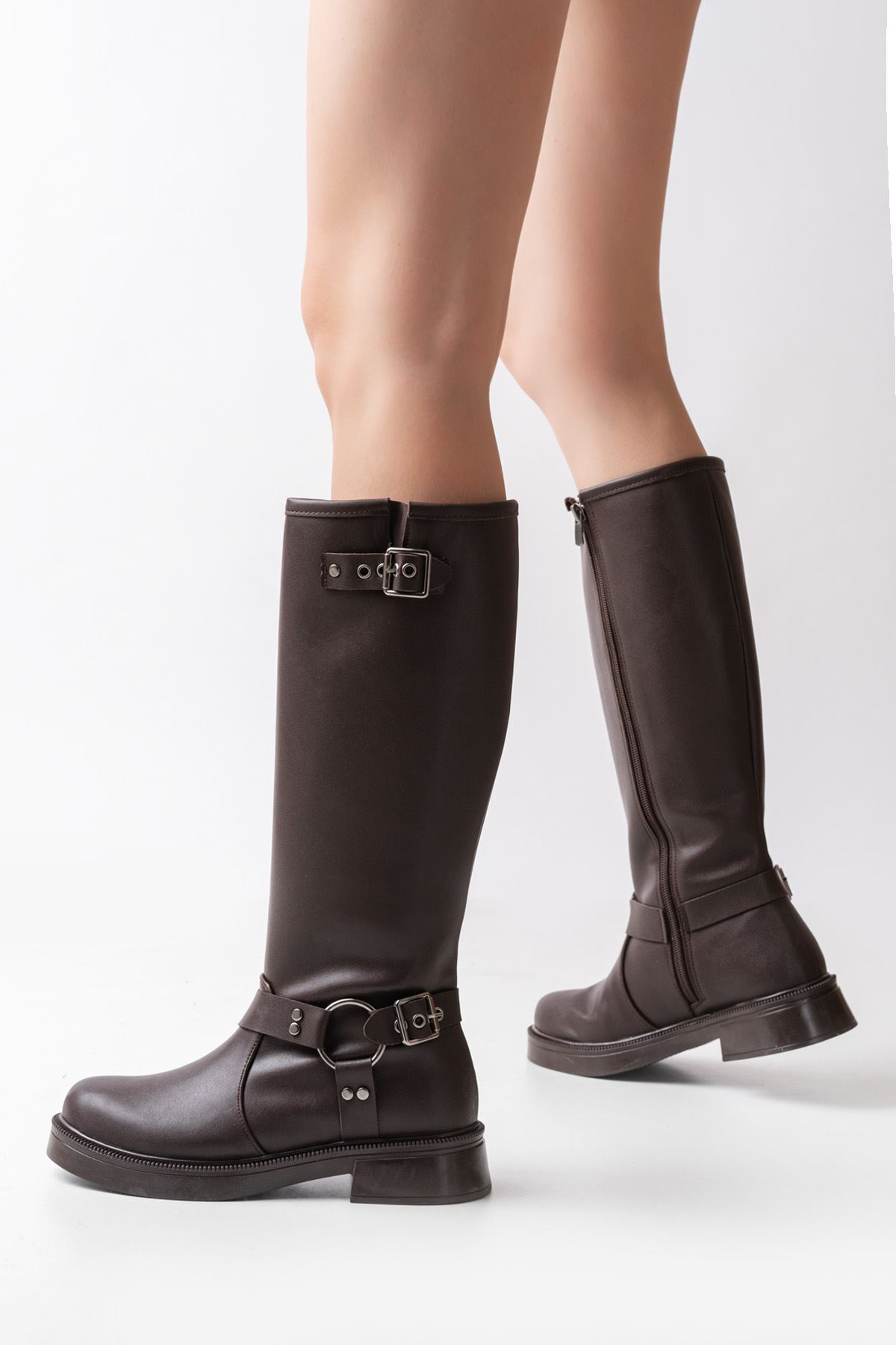 infon shoes creation  02-312 Kahverengi Toka Aksesuarlı Fermuarlı Günlük Kadın Çizme - Görsel 3