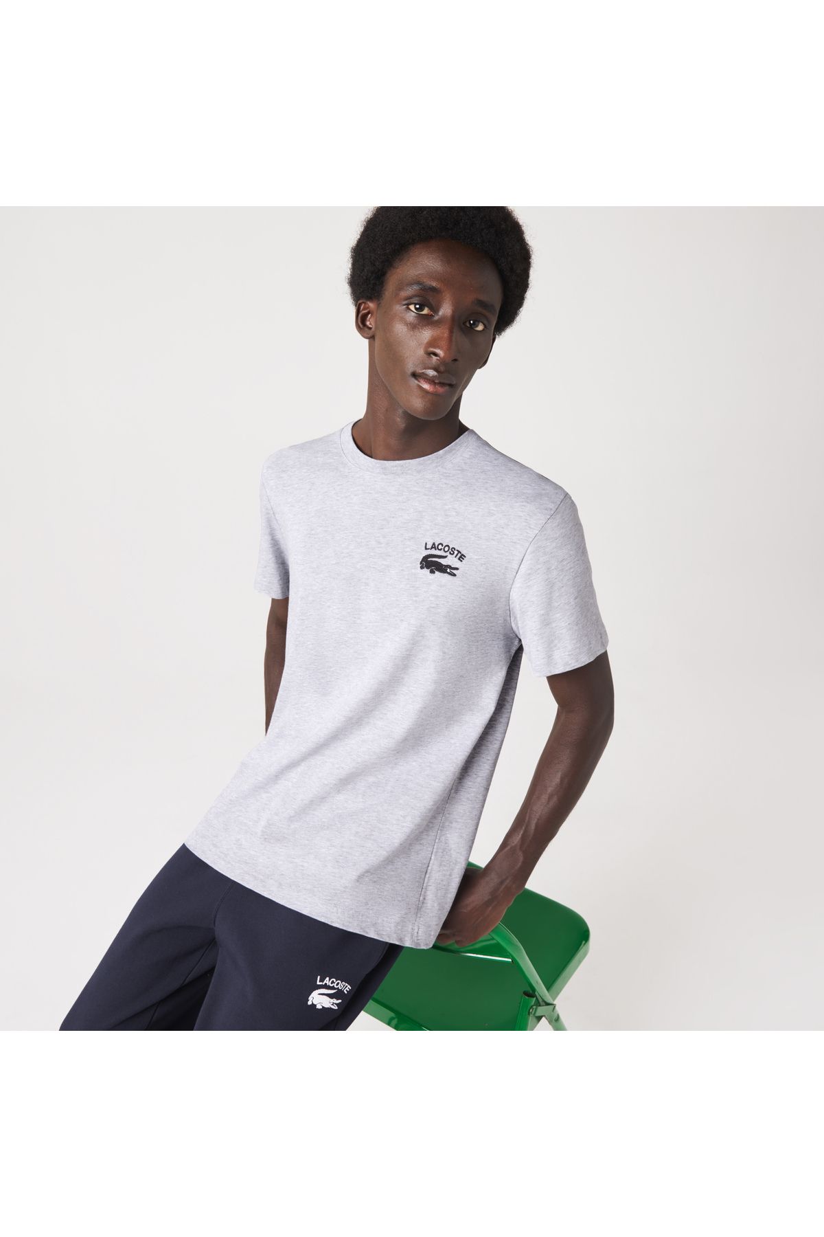 تی شرت خاکستری مردانه یقه دوچرخه مناسب طرح دار Lacoste