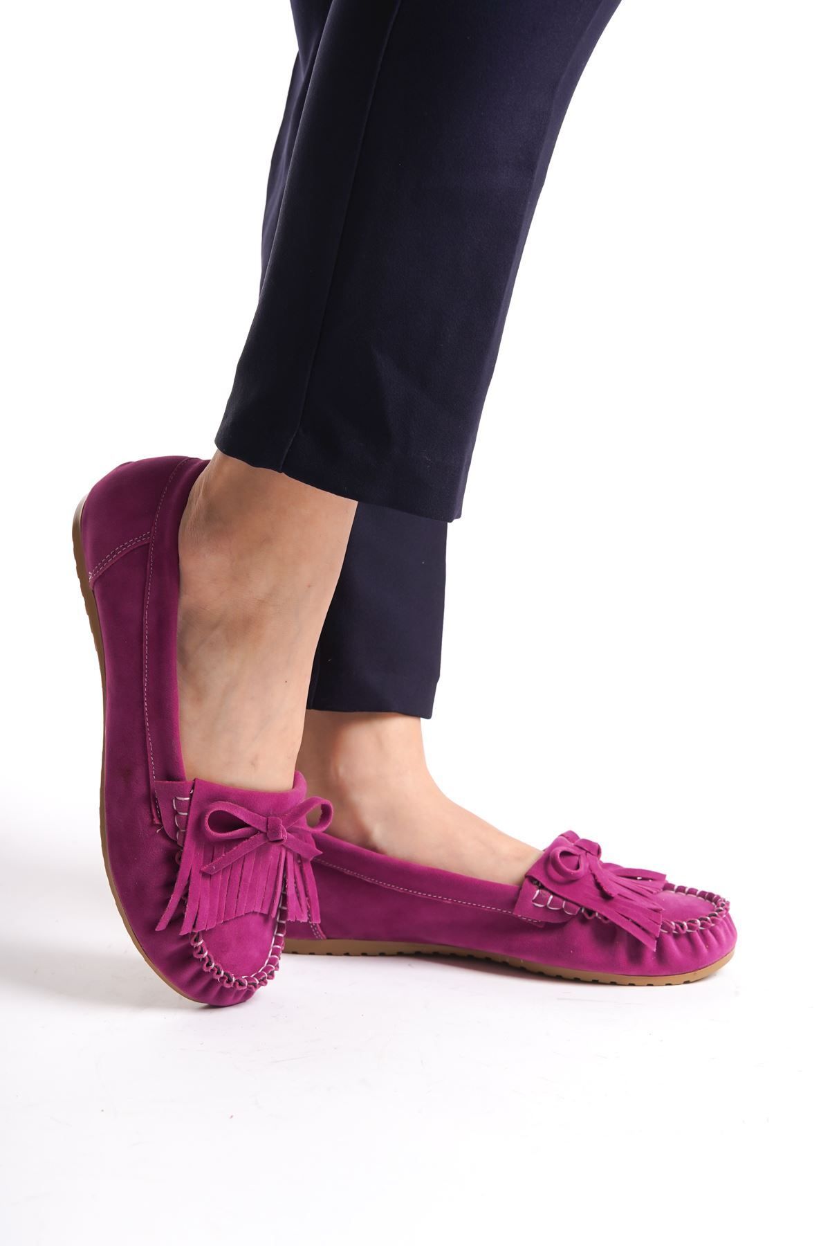 İnfon Ayakkabı Marketi-Ps-100 Fuchsia Suede Daily Tasseled Women's Ballerinas 2