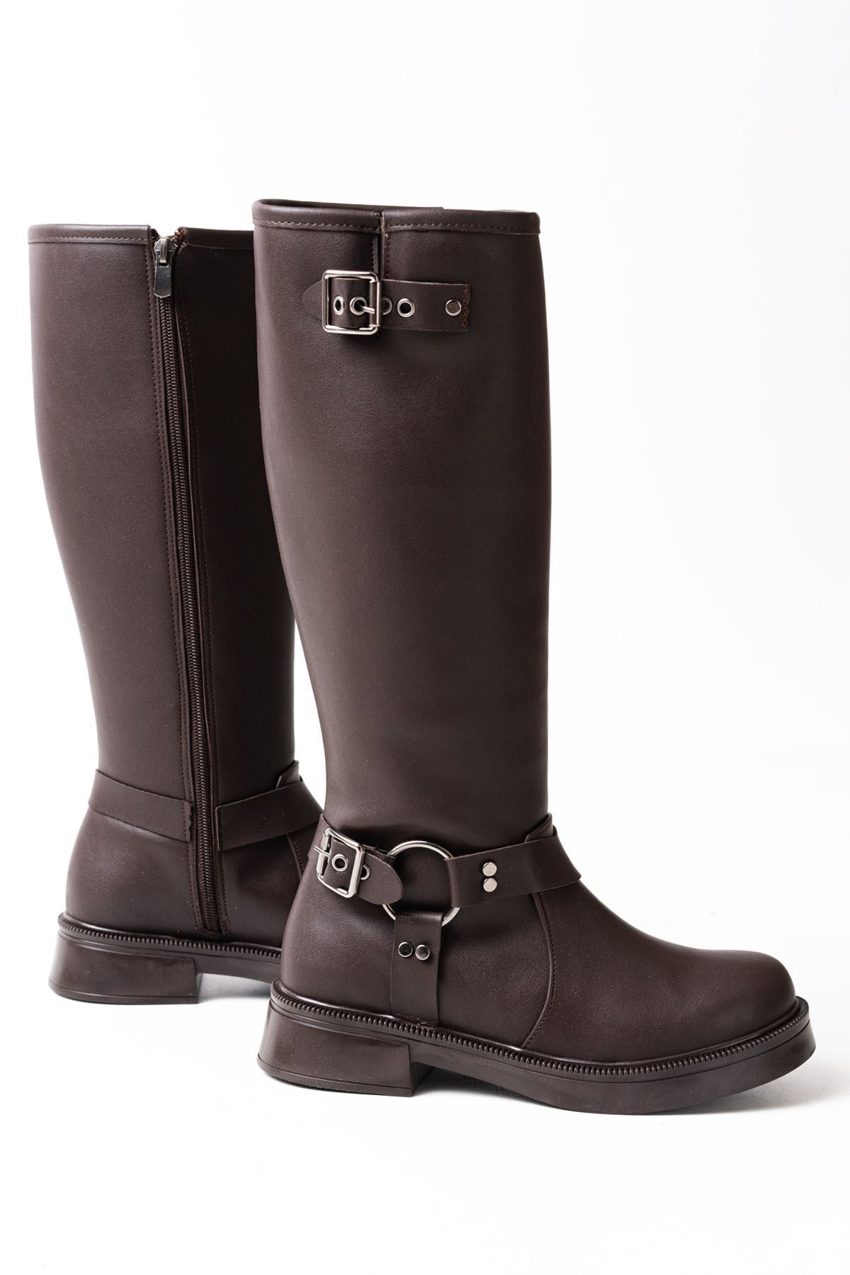 infon shoes creation  02-312 Kahverengi Toka Aksesuarlı Fermuarlı Günlük Kadın Çizme - Görsel 5