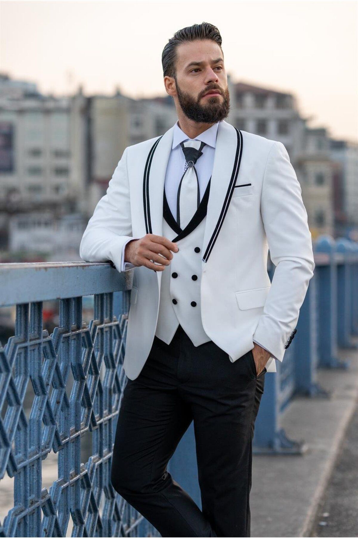 Salihtarzz Damatlık Smokin Yelekli İtalyan Kesim Slim Fit Beyaz SD3453