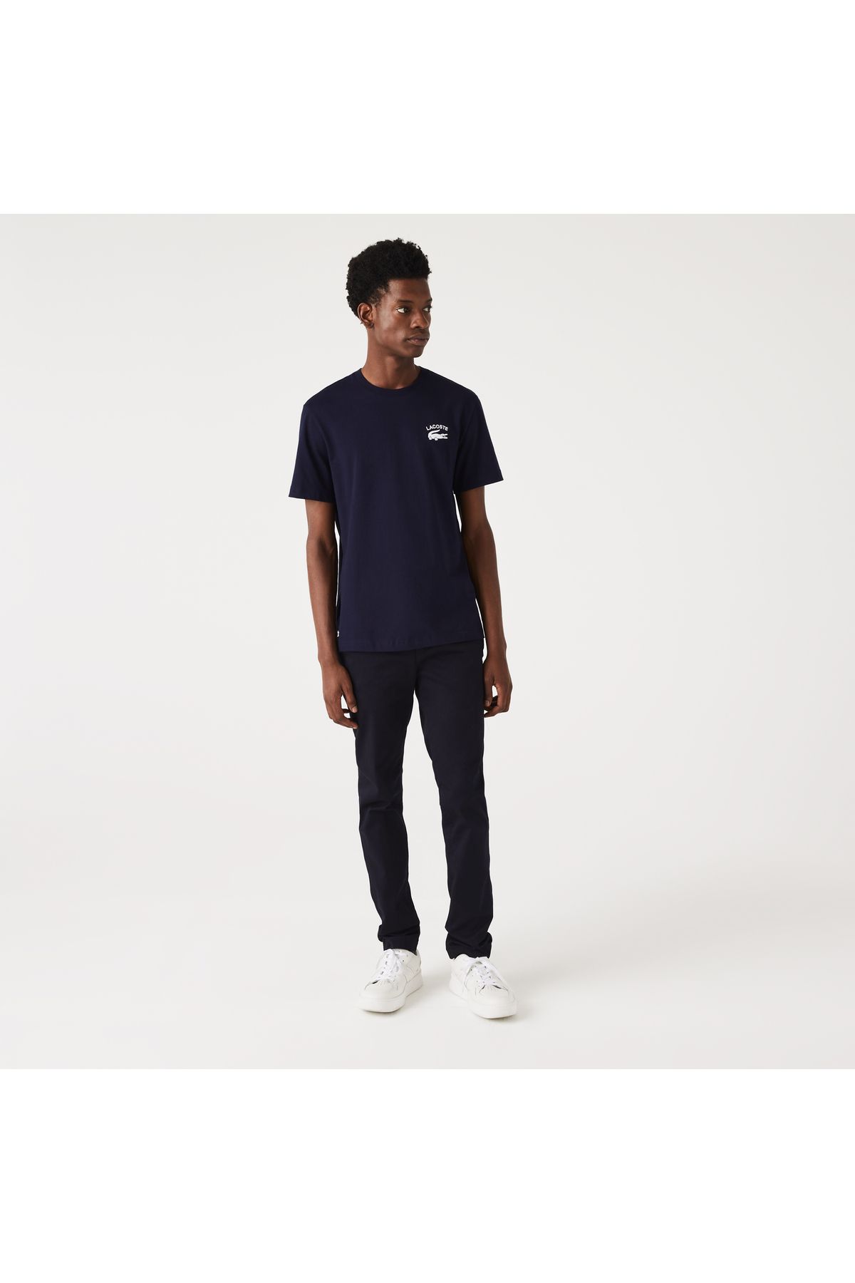 تی شرت آبی مردانه یقه دوچرخه مناسب طرح دار سرمهای Lacoste