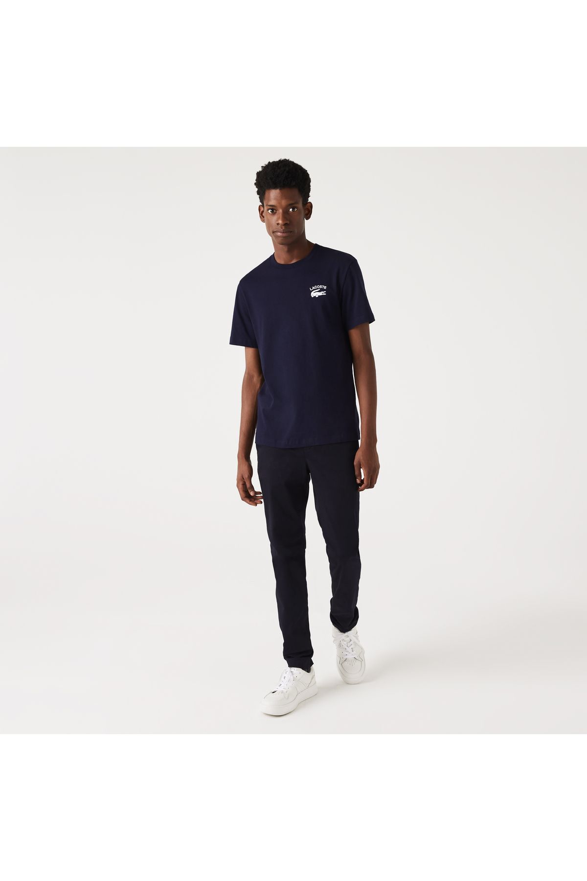 تی شرت آبی مردانه یقه دوچرخه مناسب طرح دار سرمهای Lacoste