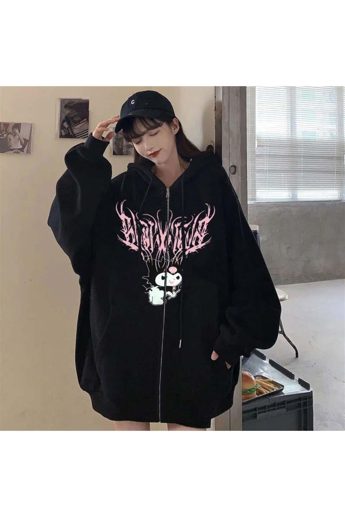 BAREM BUTİK Barem Butik  Kuromi Pink Baskılı Oversize Fermuarlı Siyah Unisex Kapüşonlu Hırka