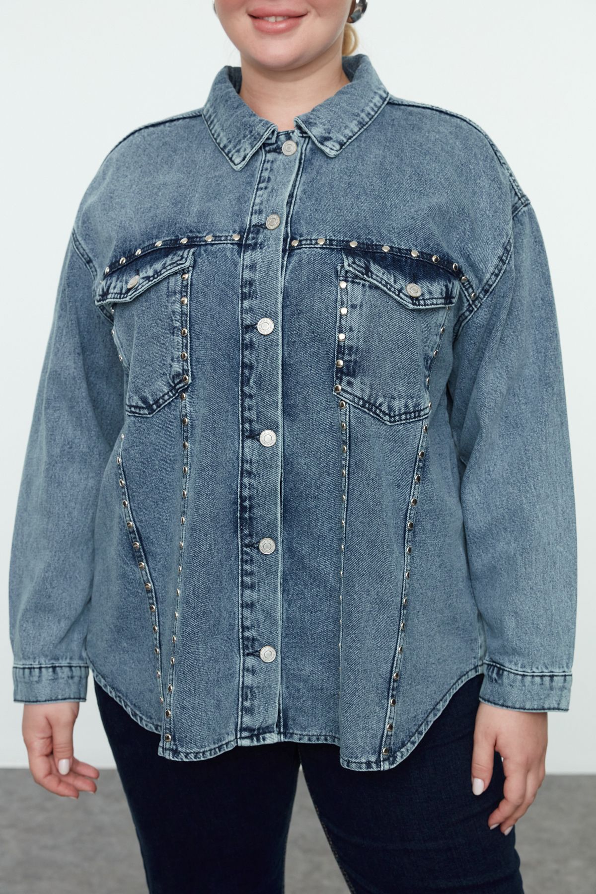 Trendyol Curve-Μπλε φαρδύ τζιν μπουφάν Trock Plus Size 3