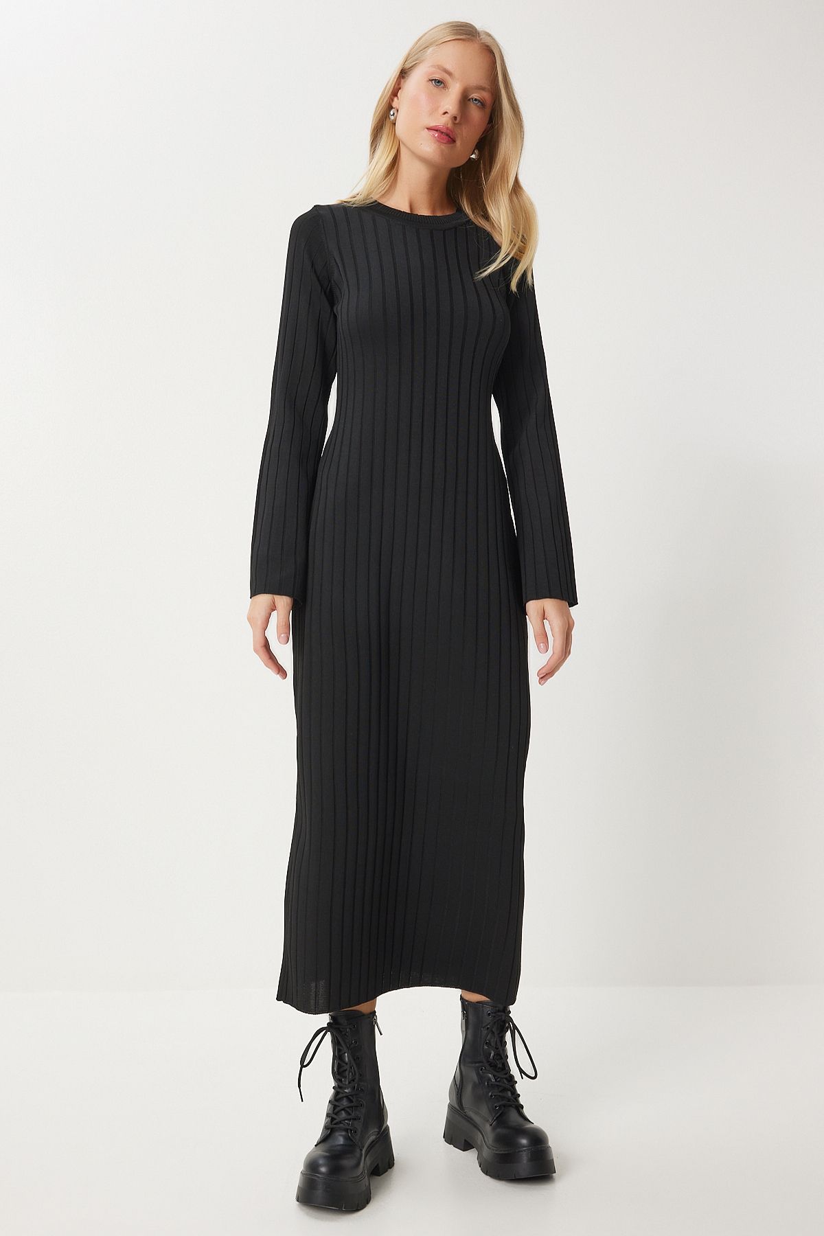 robe longue en tricot côtelé à col ras du cou pour femmes jg4