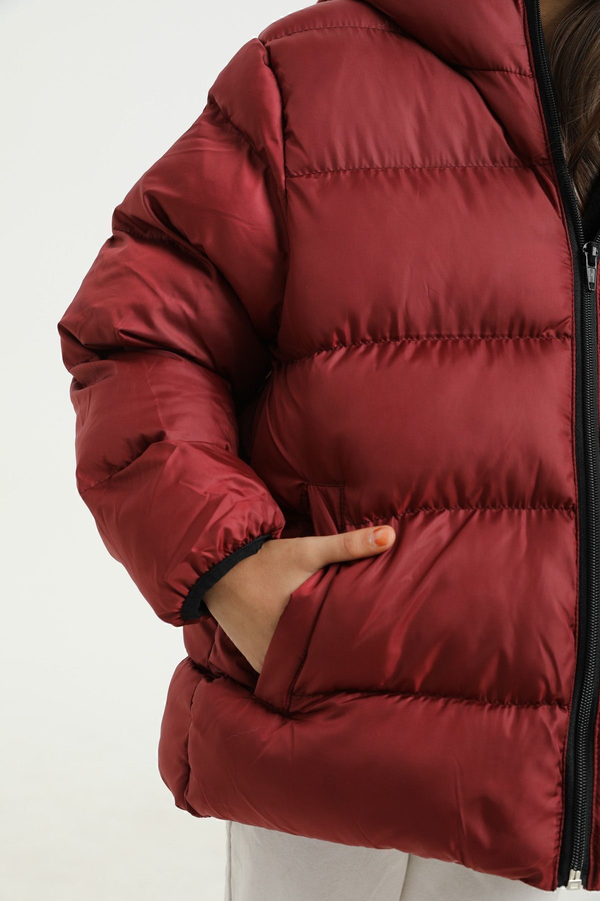 freemen-Kinder-Wintermantel aus weinrotem Fleece mit Fellkapuze, wasserdicht, windabweisend, mit Tasche und aufblasbarer Tasche 3