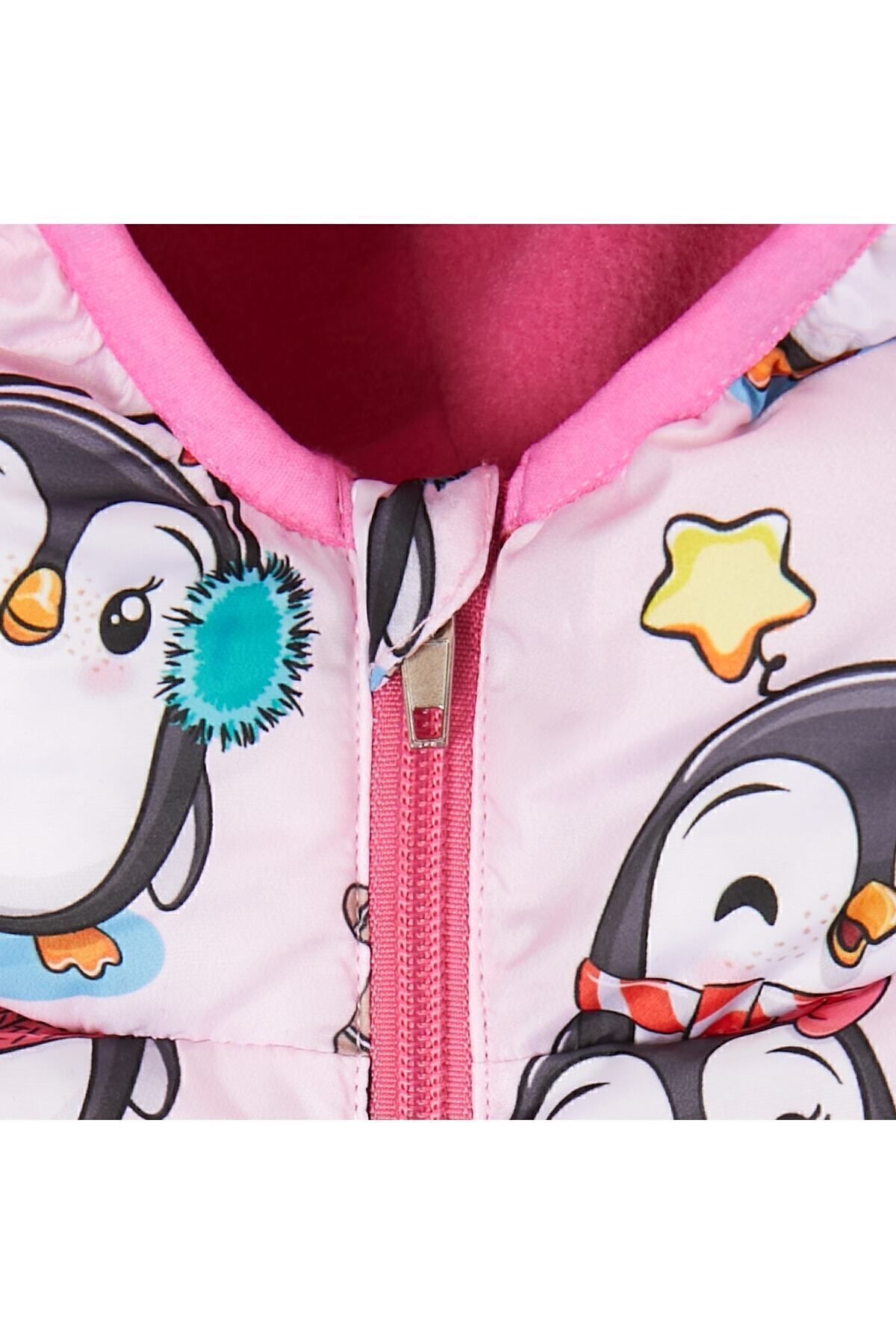 Kız Çocuk içi Polarlı Kapüşonlu Penguen Şeker Desenli Kışlık Şişme Mont & Kaban & Parka