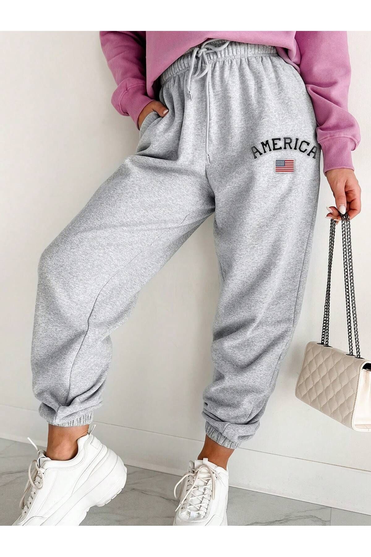 America Flag Eşofman Altı Jogger - Gri Baskılı Lastik Paça Yüksek Bel Kışlık