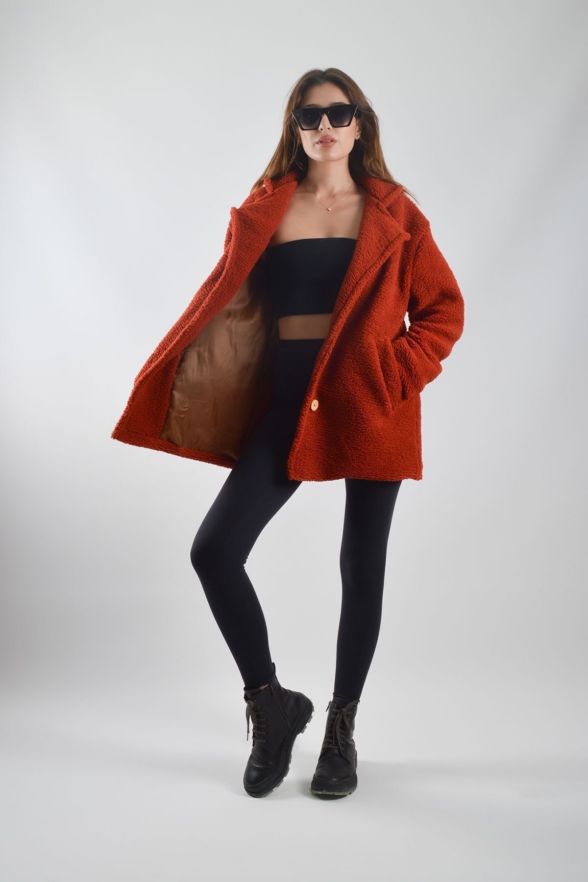 REİNA TEKS-Plush Teddy Jacket with Sheep Feather Effect - Lined Coat with Buttons and Pockets 2