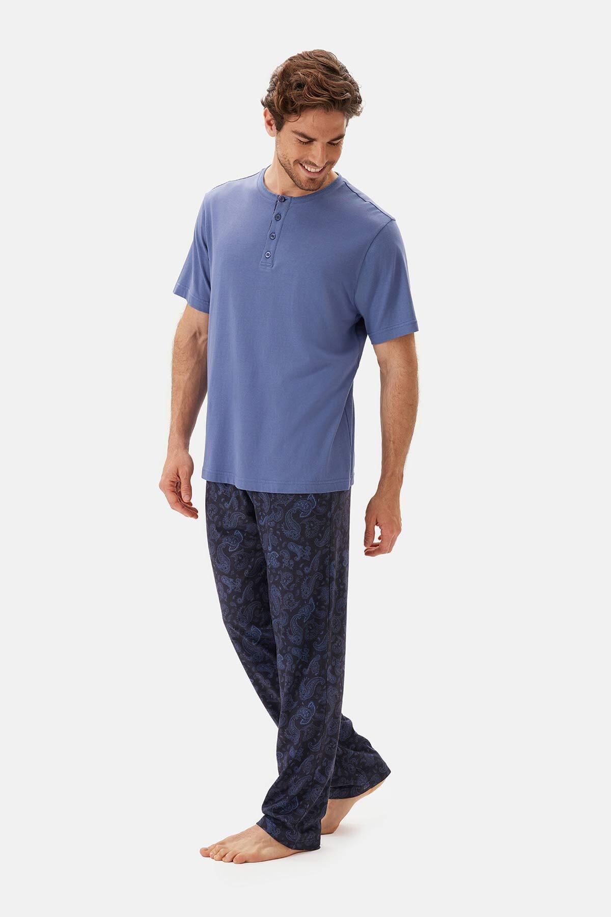 ست پیژامه مردانه لباس خواب نیلی نیمی از سجاده T SHIRT Dagi