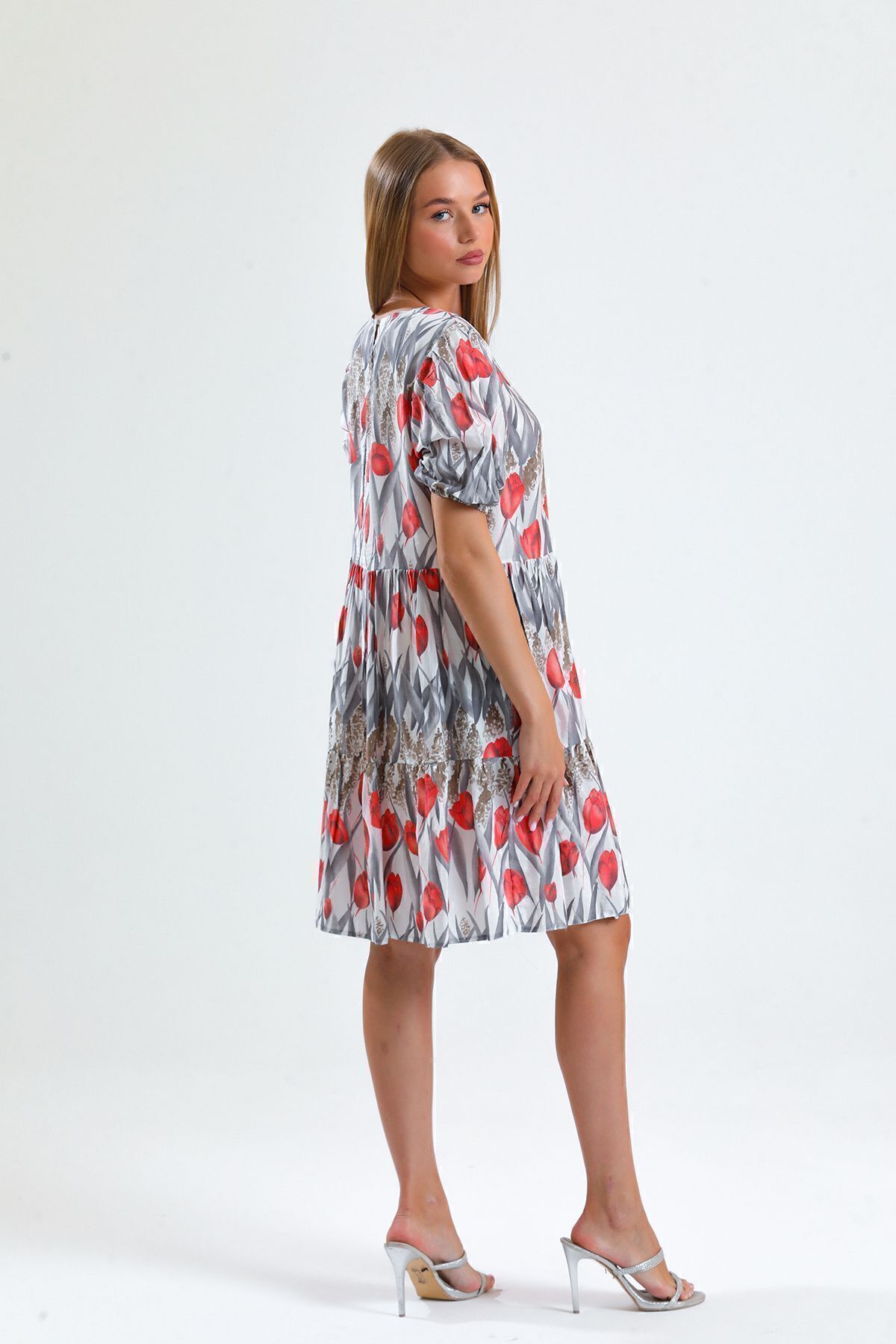 Sense-Tulip Print Dress with Drop and Pockets - Elastic Cuffs, Elb34306 Red 5