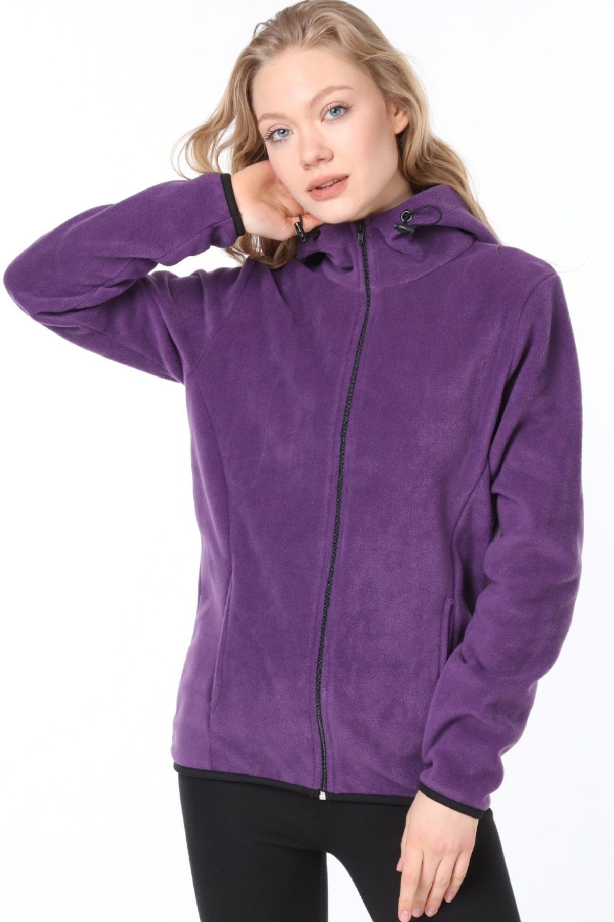 Kadın Fermuarlı Kapüşonlu Polar Sweatshirt — بنفش 19870019 — تصویر 2 از 4