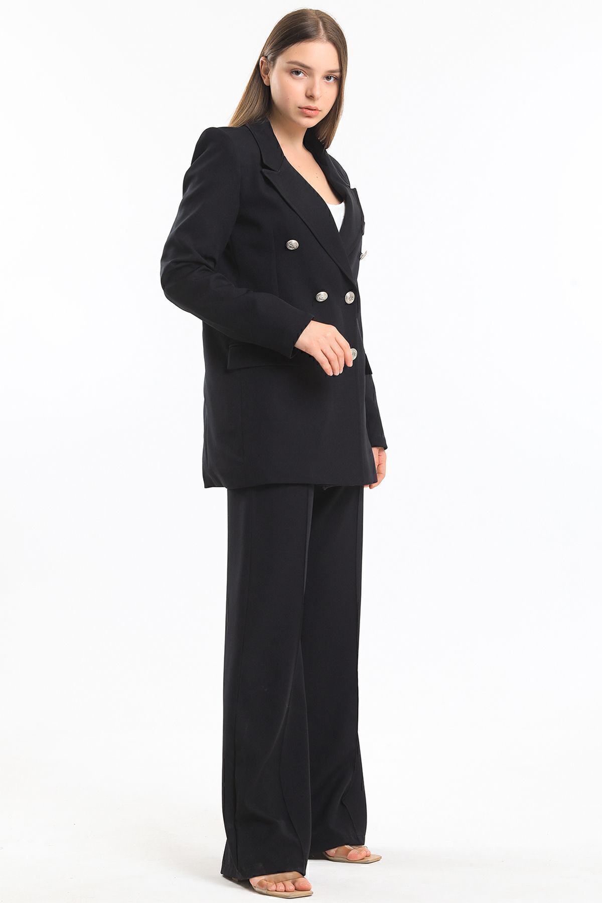 Sense-Hürrem Stoff gefütterter schwarzer Oversize-Blazer - Ckt34236 2