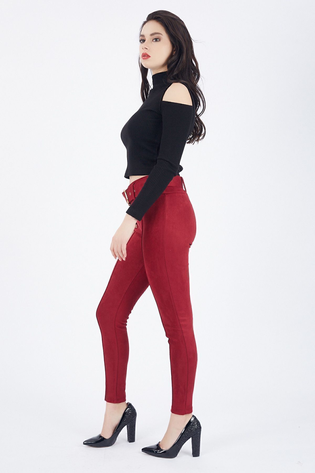 Beli Kumaş Kaplama Kemerli Önü Çıma Dikiş Ütü Izli Dar Paça Süet Pantolon | Pnt32569 Bordo