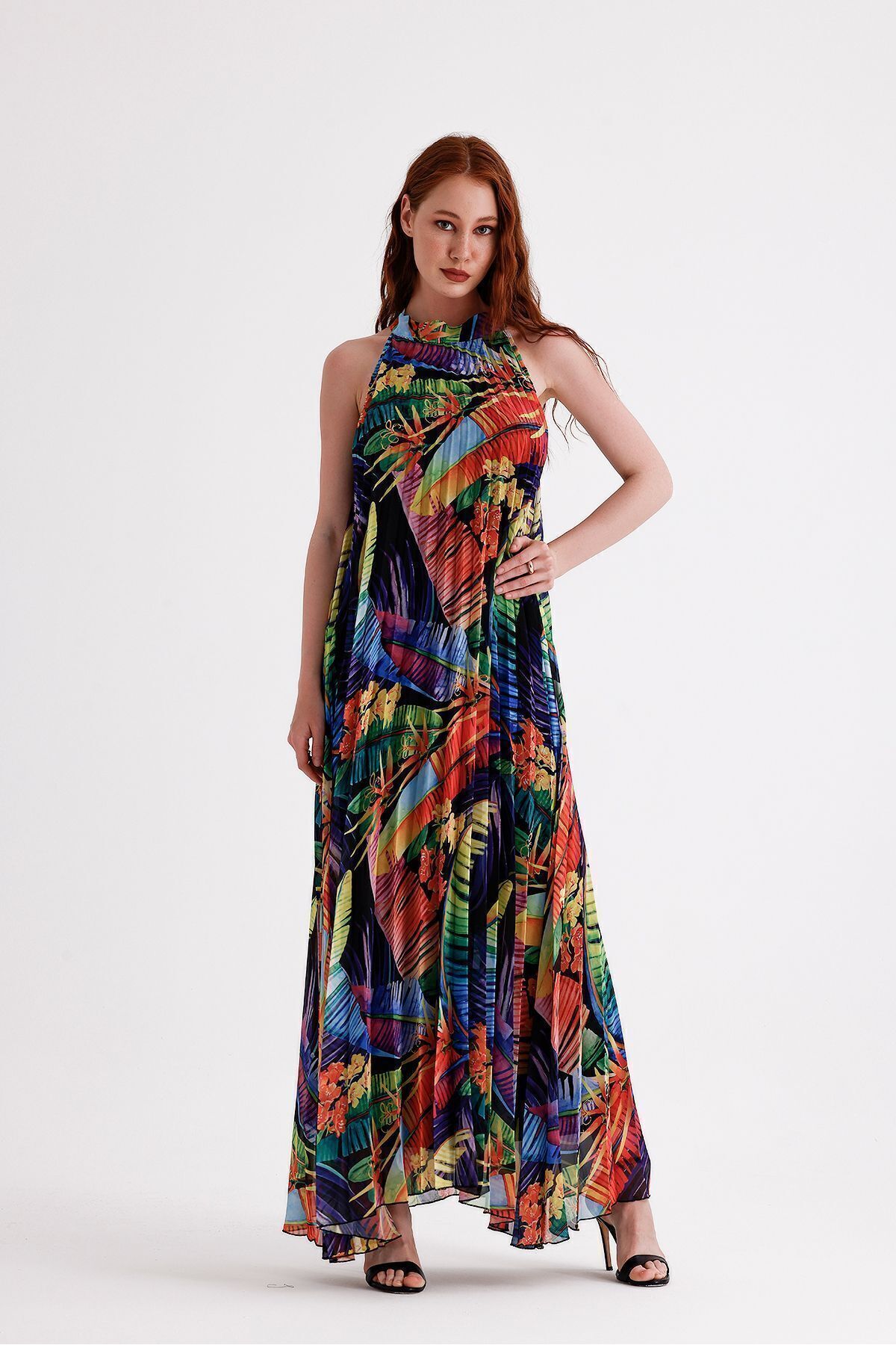 Sense-Pleated and Patterned Long Chiffon Evening Dress - ELB35127SF Mixed Pattern 6