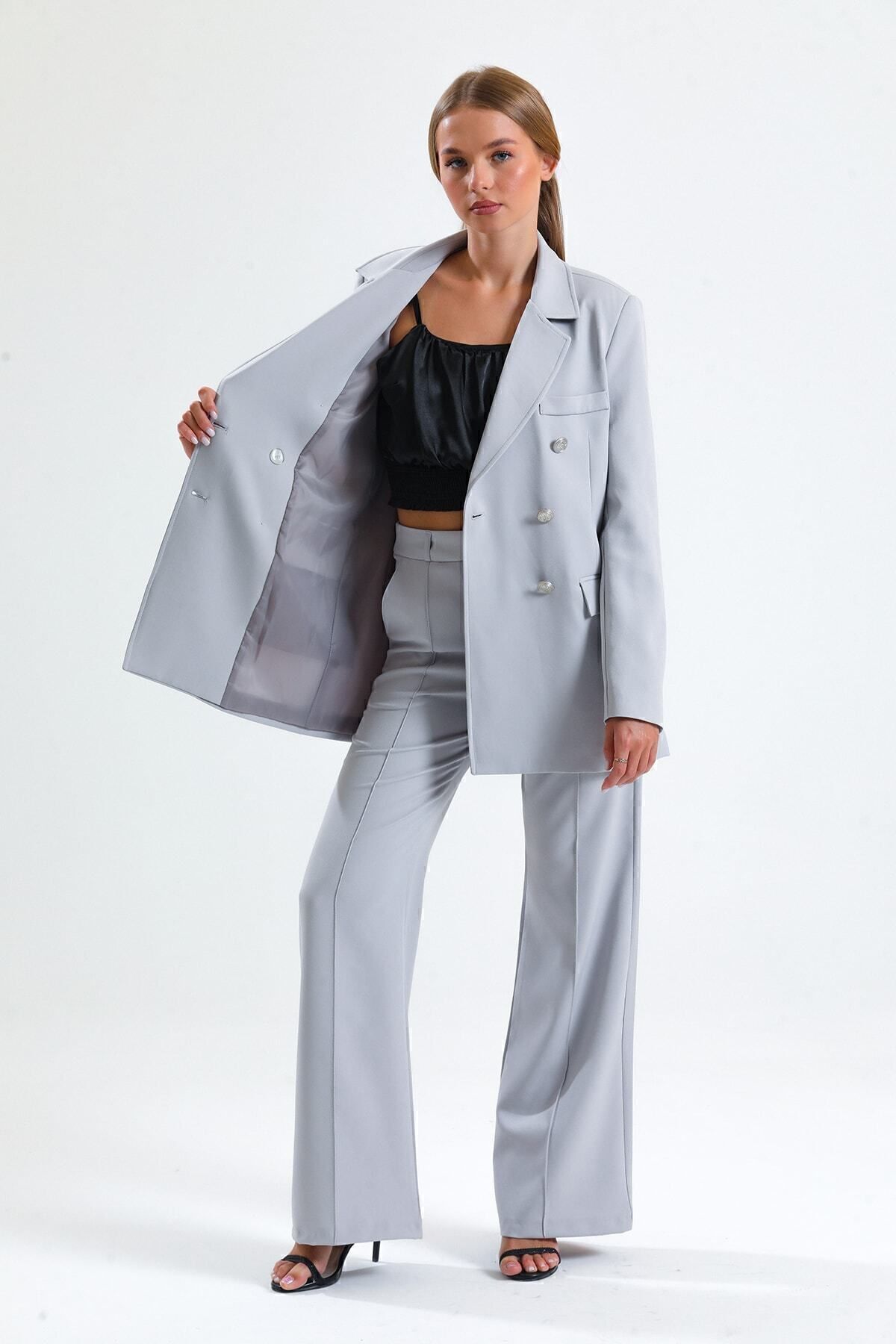 Sense-Gray Oversize Blazer Jacket - Lined Inside, Hürrem Fabric, Ckt34236 4