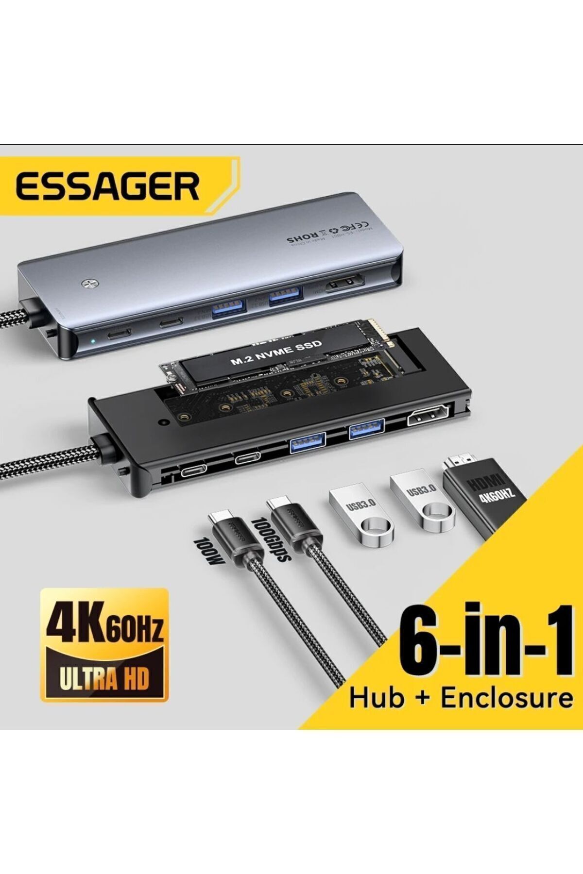 essager 6'nın 1'i M.2 Ssd Fonksiyonlu Hub 10gbps Type-c Pd 100w Type-c Usb3.2 Gen2 Gbps Hdm 1.4 60hz4k