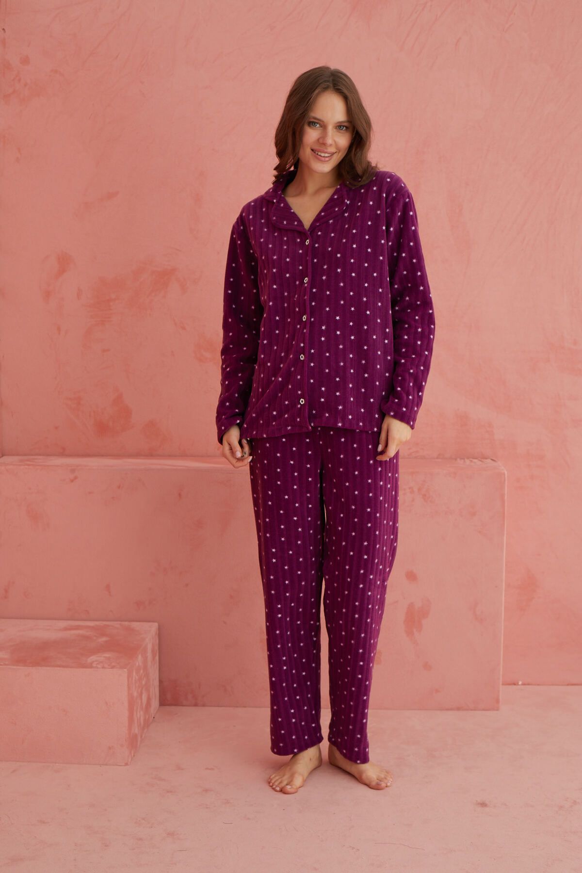 ELİTOL-Fleece Pajama Set - Purple Star Pattern and Buttoned Front 2