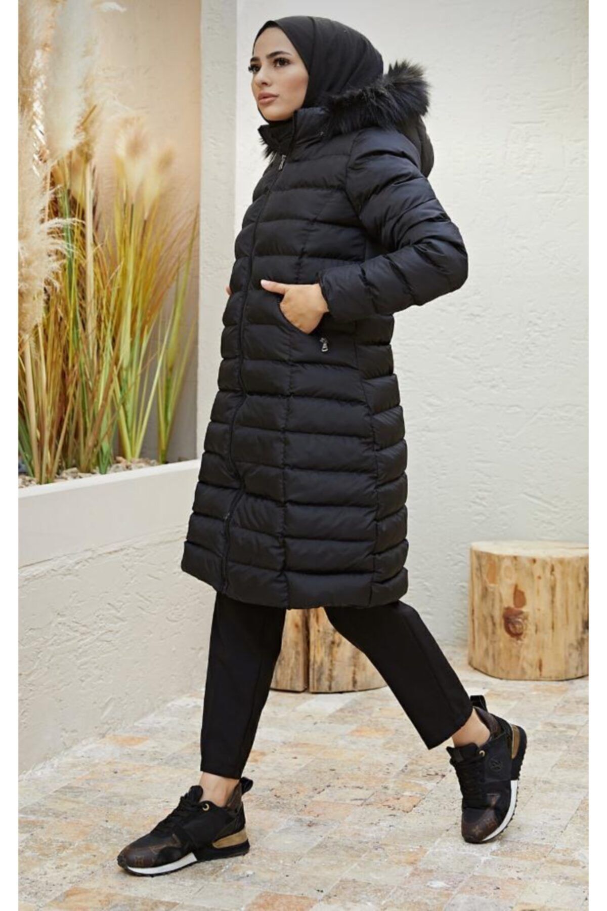 moda moda-Palton lung negru din puf 6