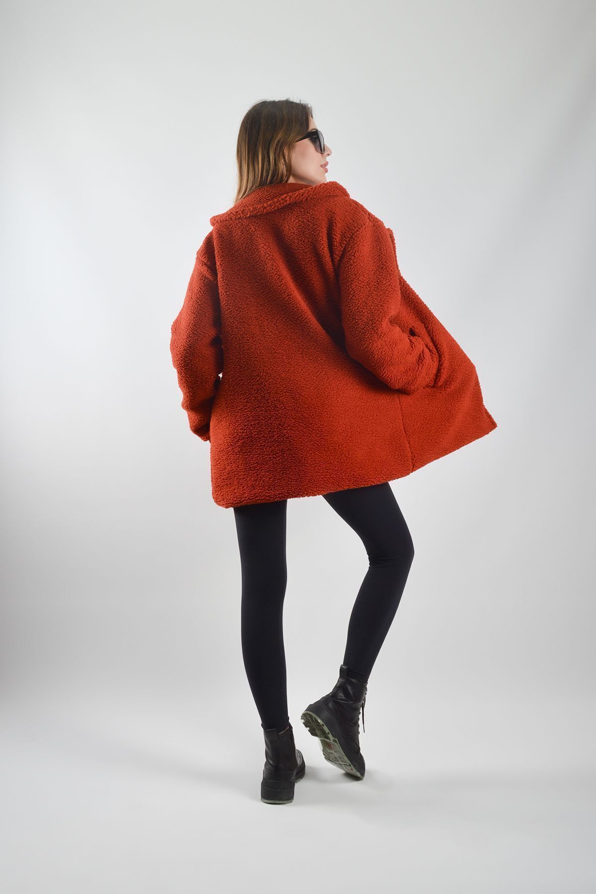 REİNA TEKS-Plush Teddy Jacket with Sheep Feather Effect - Lined Coat with Buttons and Pockets 3