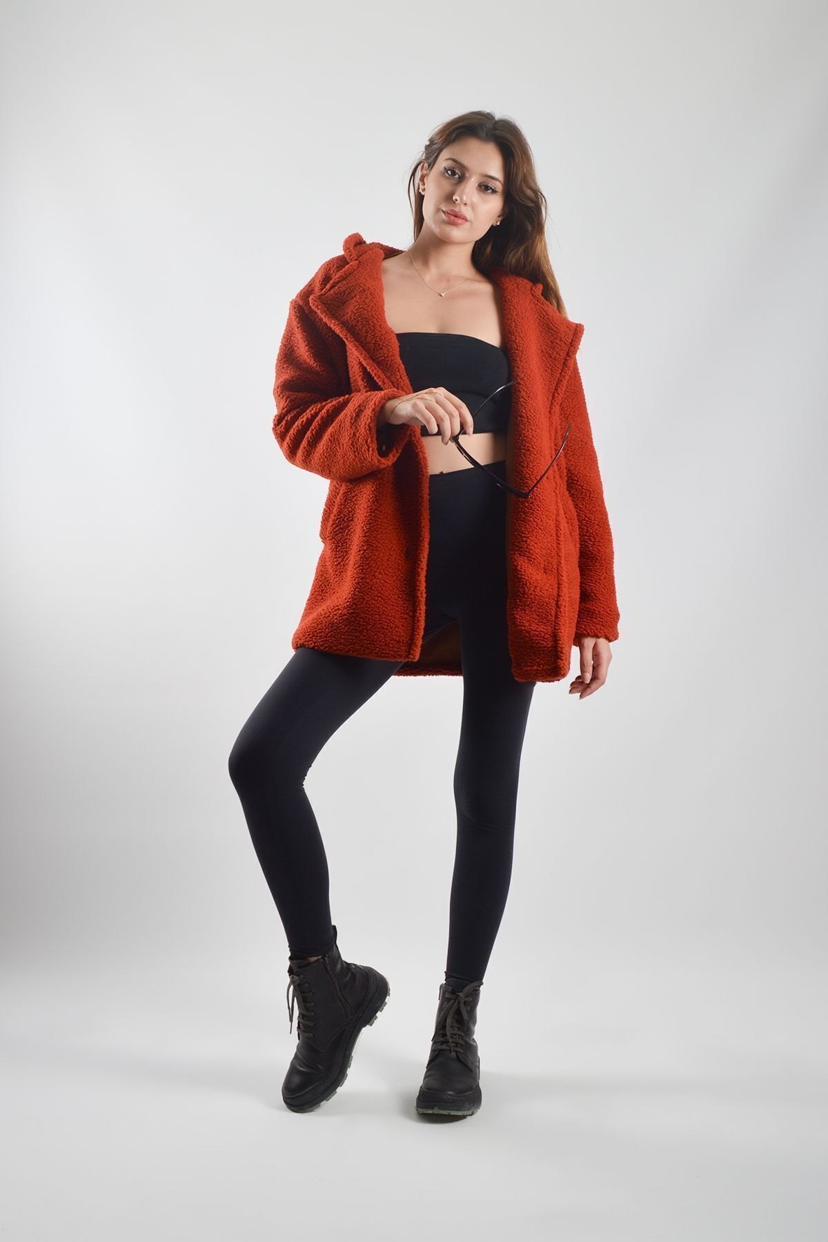 REİNA TEKS-Plush Teddy Jacket with Sheep Feather Effect - Lined Coat with Buttons and Pockets 6