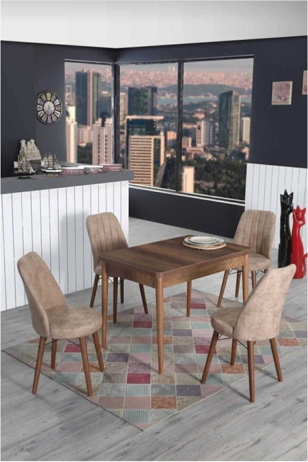 4 Kişilik Sabit Masa Sandalye Takımı 70x110 Cm Mutfak Masası Takımı Yemek Masası Masa Takımı-0
