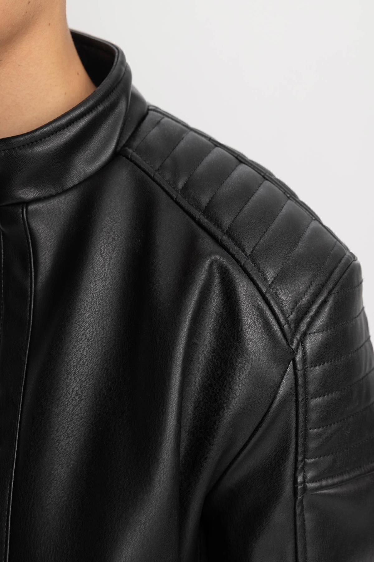 DeFacto-Wasserabweisende, saisonale Jacke aus Kunstleder mit Stehkragen, Reißverschlusstaschen – B2268ax24sp 5