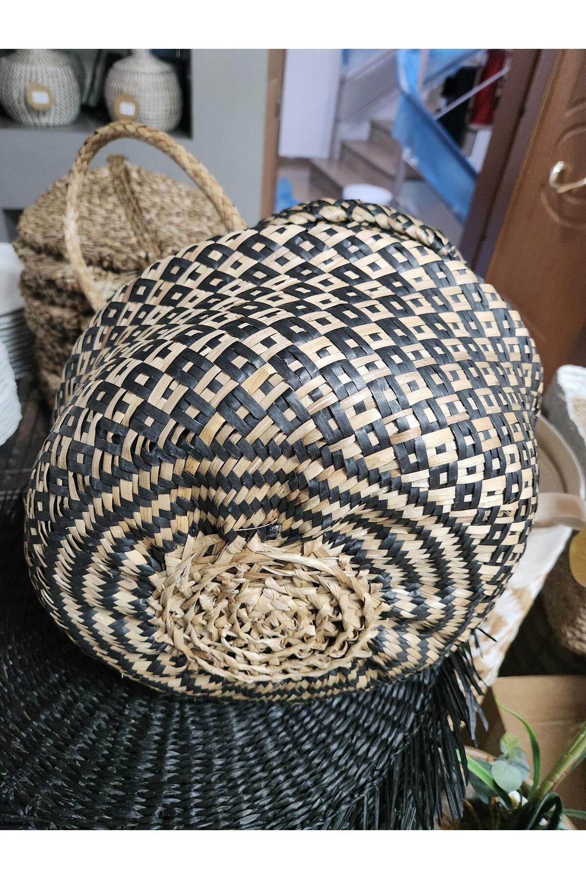 KANCAEV-Wicker Black Tasseled Foldable Basket - Long Handle 5