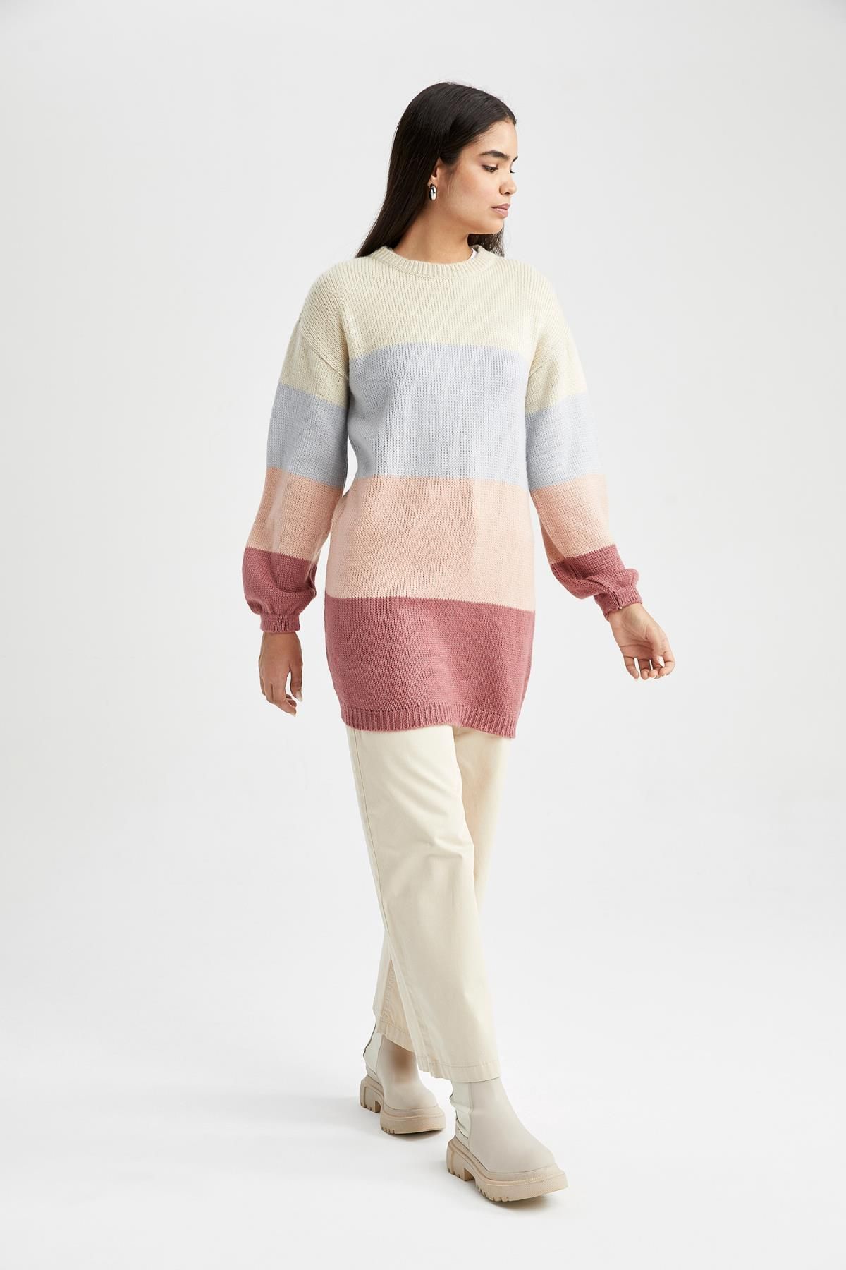 DeFacto-Regular Fit Crew Neck Color Block Basic Plain Tunic Z8082Az22Wn 2