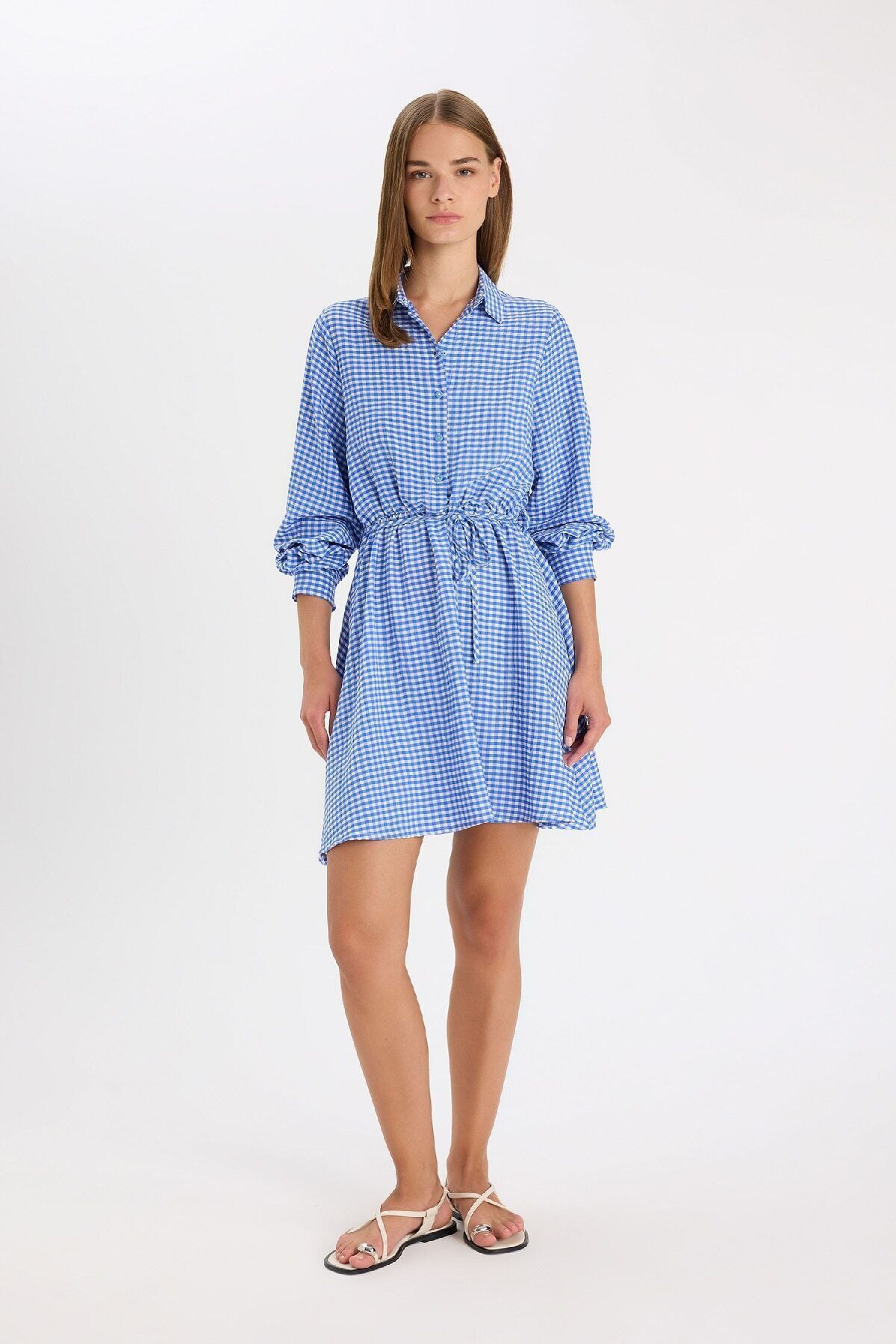 یقه پیراهن Gingham دکمه بسته توری دور کمر Seersucker بافت مینی لباس آستین بلند D5182ax24au