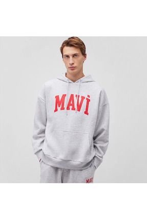 Mavi Logo Baskılı Kapüşonlu Gri Sweatshirt 067149-80889