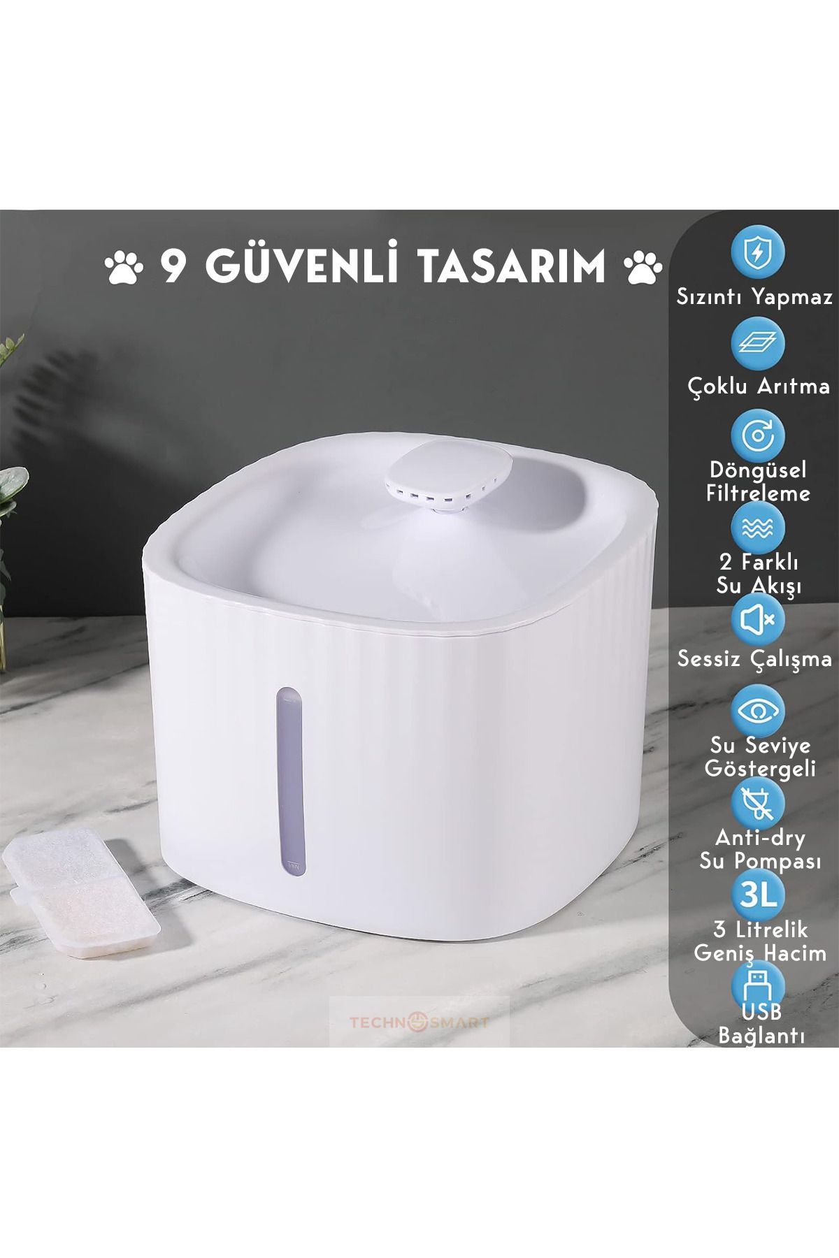 TechnoSmart-Cat Dog Water Fountain Water Spring Container 3 Lt. with Level Indicator and 2 Different Water Flow 2