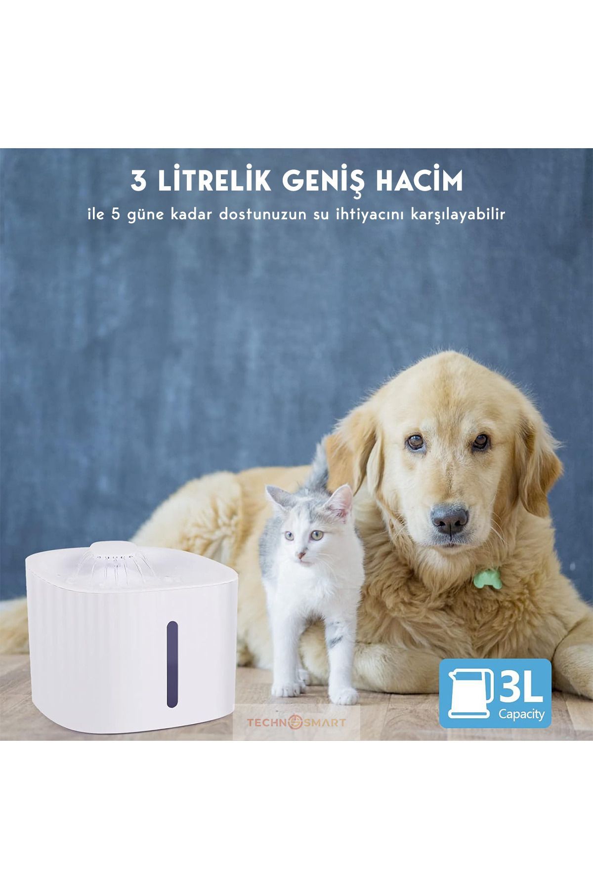 TechnoSmart-Cat Dog Water Fountain Water Spring Container 3 Lt. with Level Indicator and 2 Different Water Flow 7