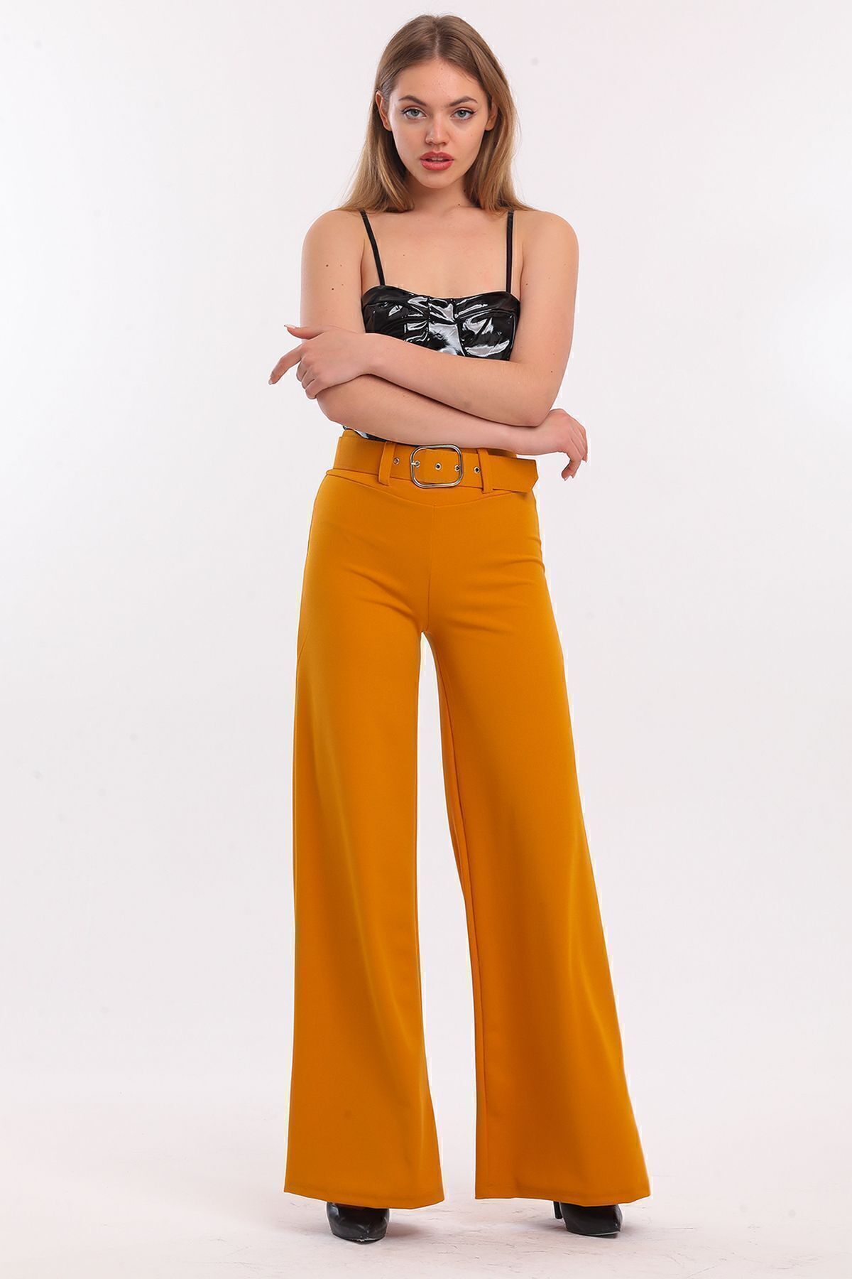 Sense Pantaloni Din Creponat Safran Scuba - Cu Centură Și Panouri Laterale Acoperite Cu Material Textil, Picior Evazat | Pnt33393 Femeie - 48