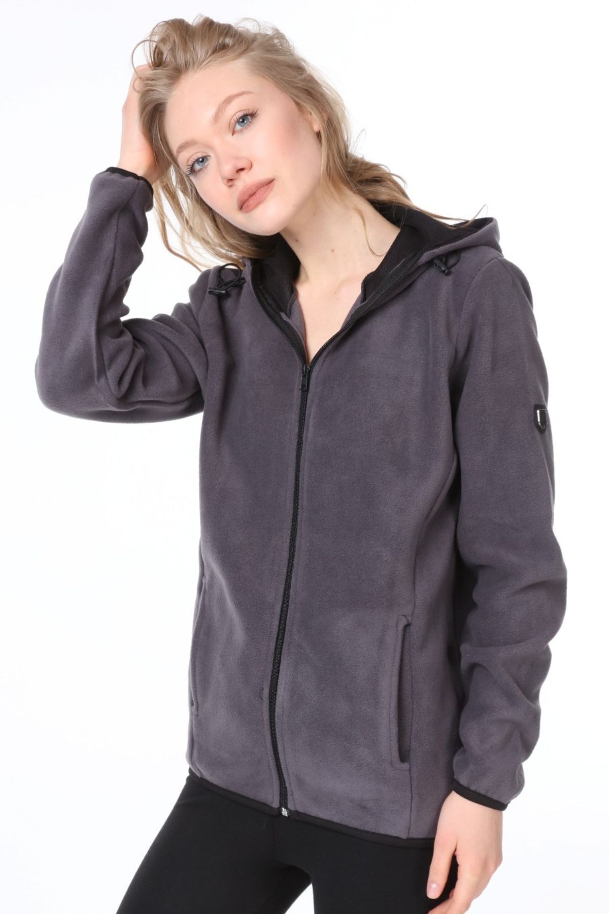 Kadın Fermuarlı Kapüşonlu Polar Sweatshirt — خاکستری 19870019 — تصویر 2 از 4