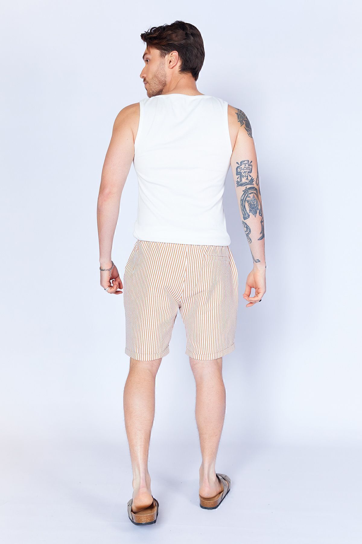 MAN EDITION-Men's Jogger Shorts - Camel Seersucker Striped, Elastic Waist| Ees650453-0453 5