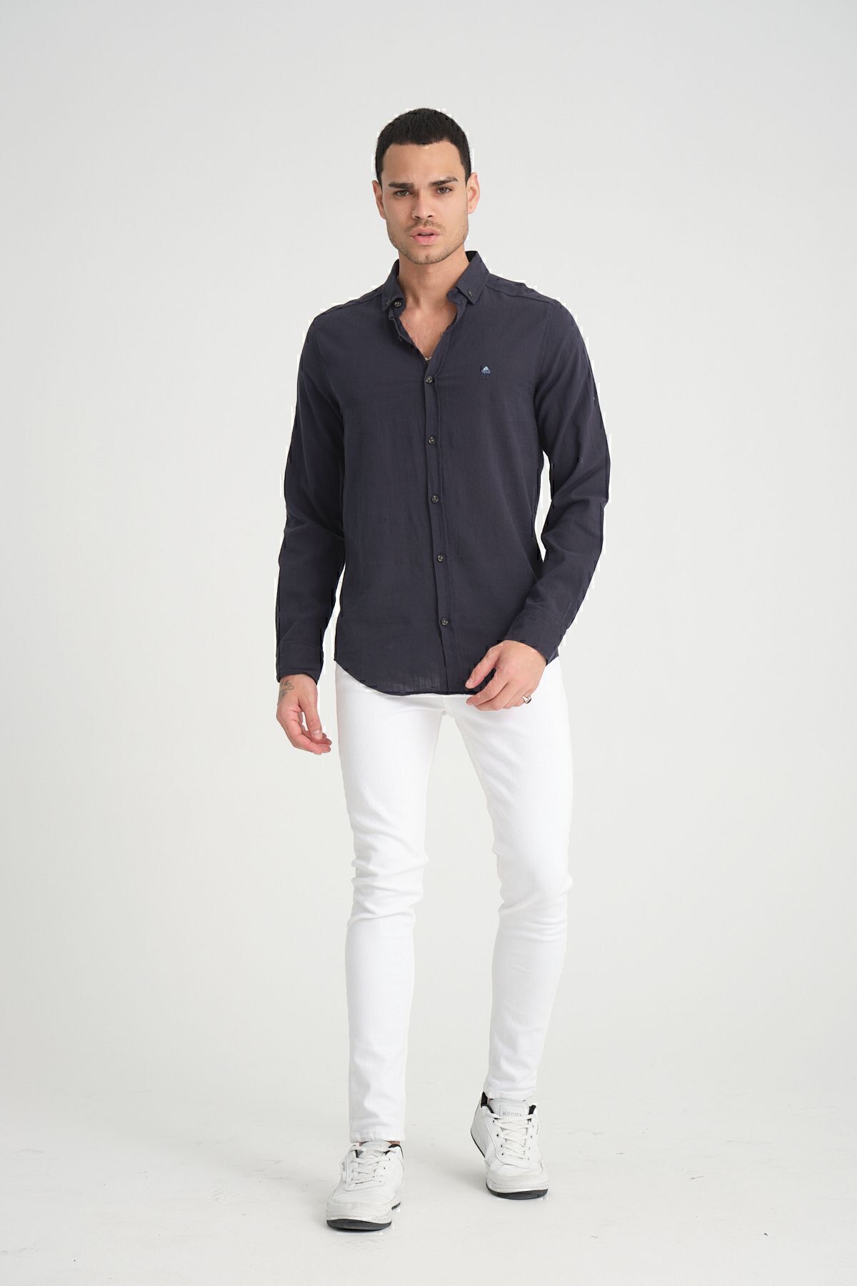 Manche-Men's Embroidered Linen Shirt - Dark Navy| Mes116488-01 6