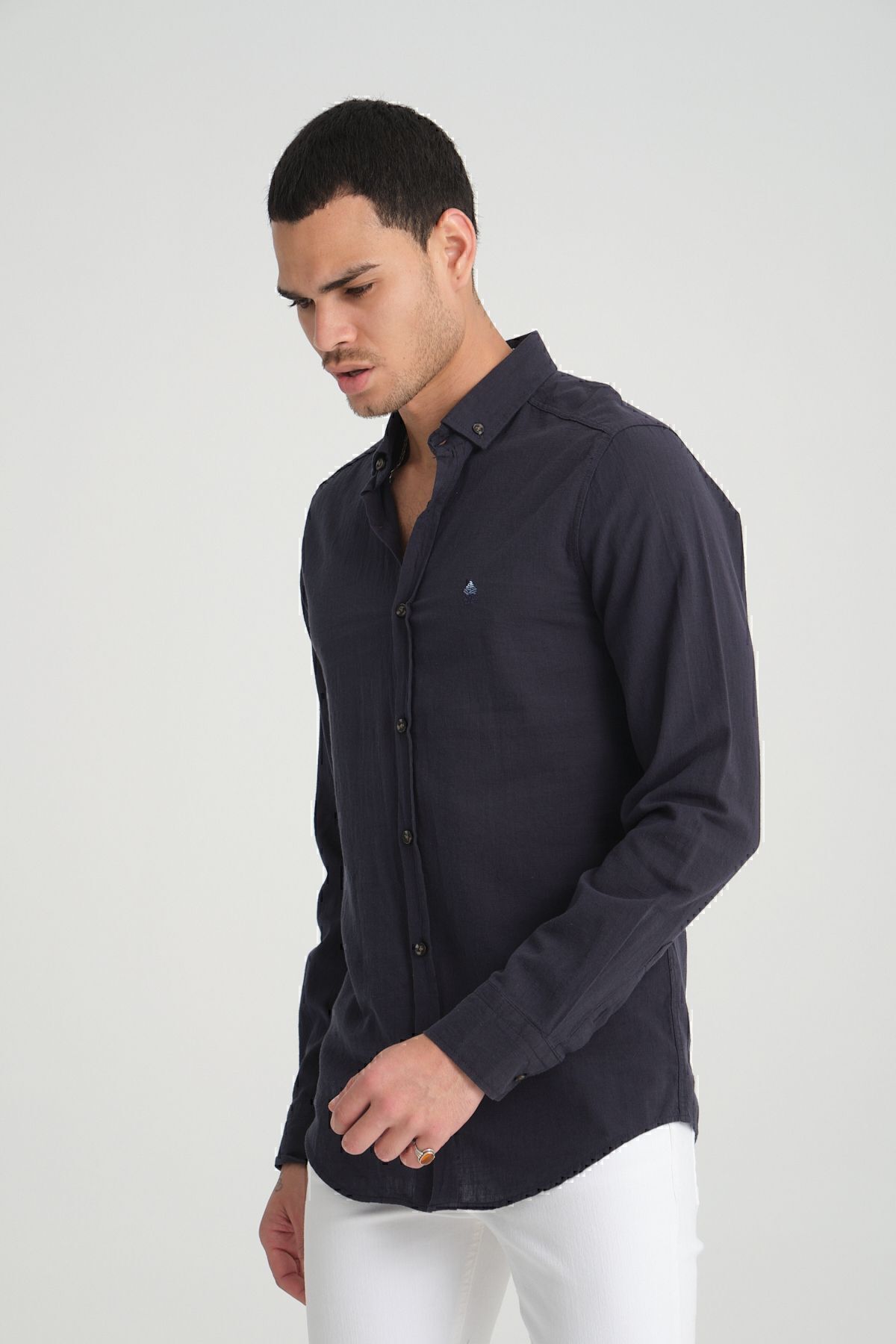 Manche-Men's Embroidered Linen Shirt - Dark Navy| Mes116488-01 2