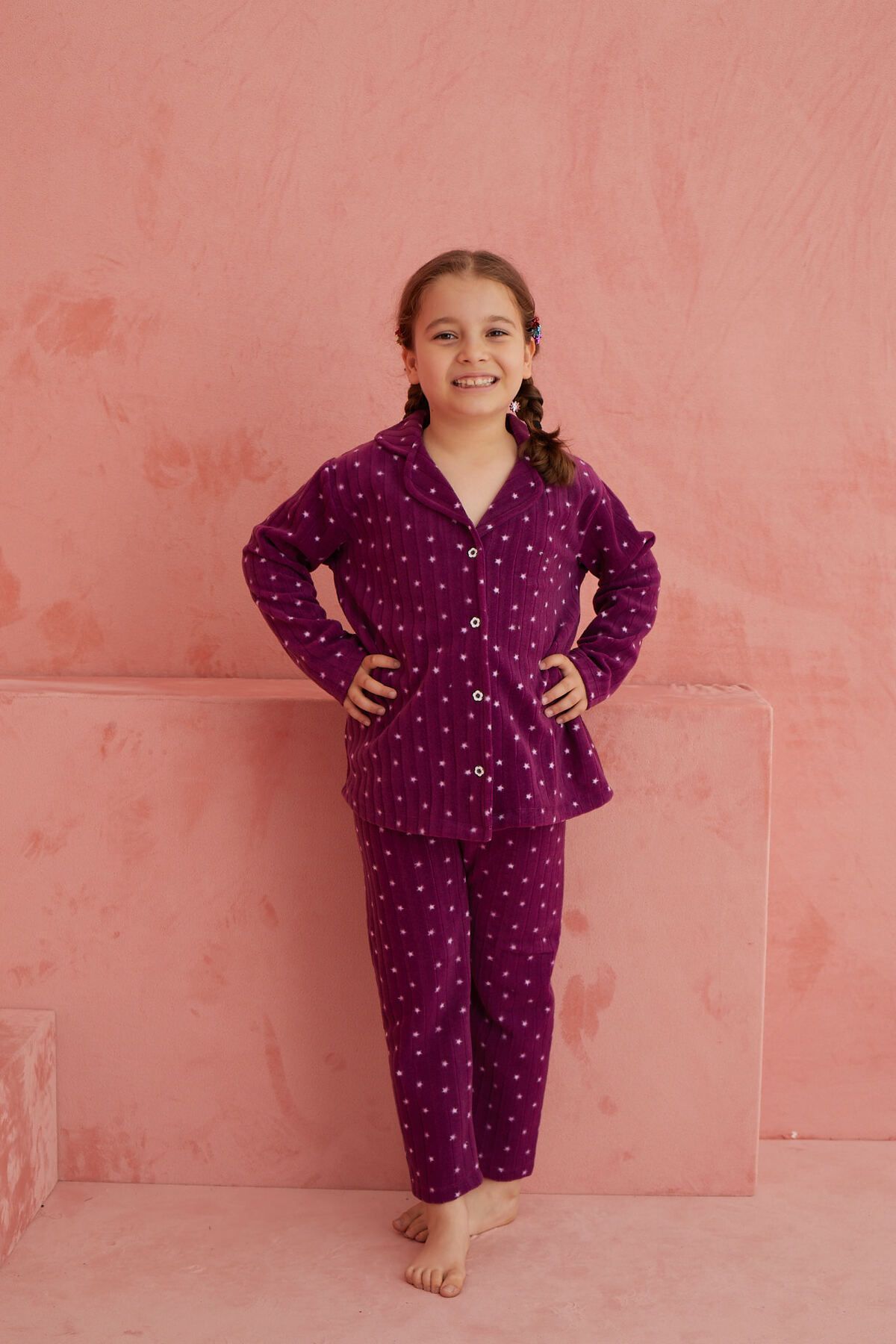 ELİTOL-Fleece Pajama Set - Purple Star Pattern and Buttoned Front 3