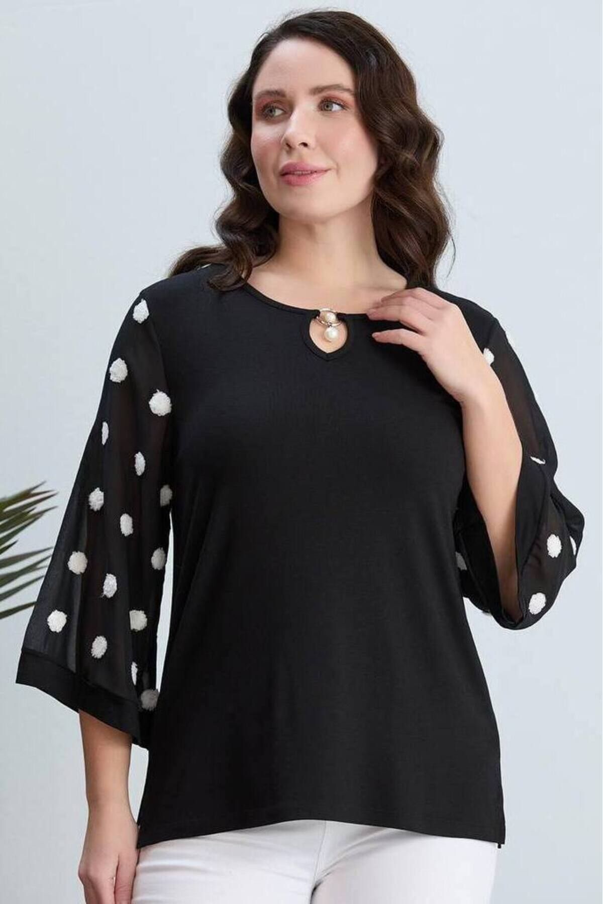 FOR ESRA BIG TREND  Kadın Kabartma Puantiye Desen Yaka Oyuk İnci Aksesuar Geniş Truvakar Tül Kol Esnek Viskon Bluz - Görsel 8