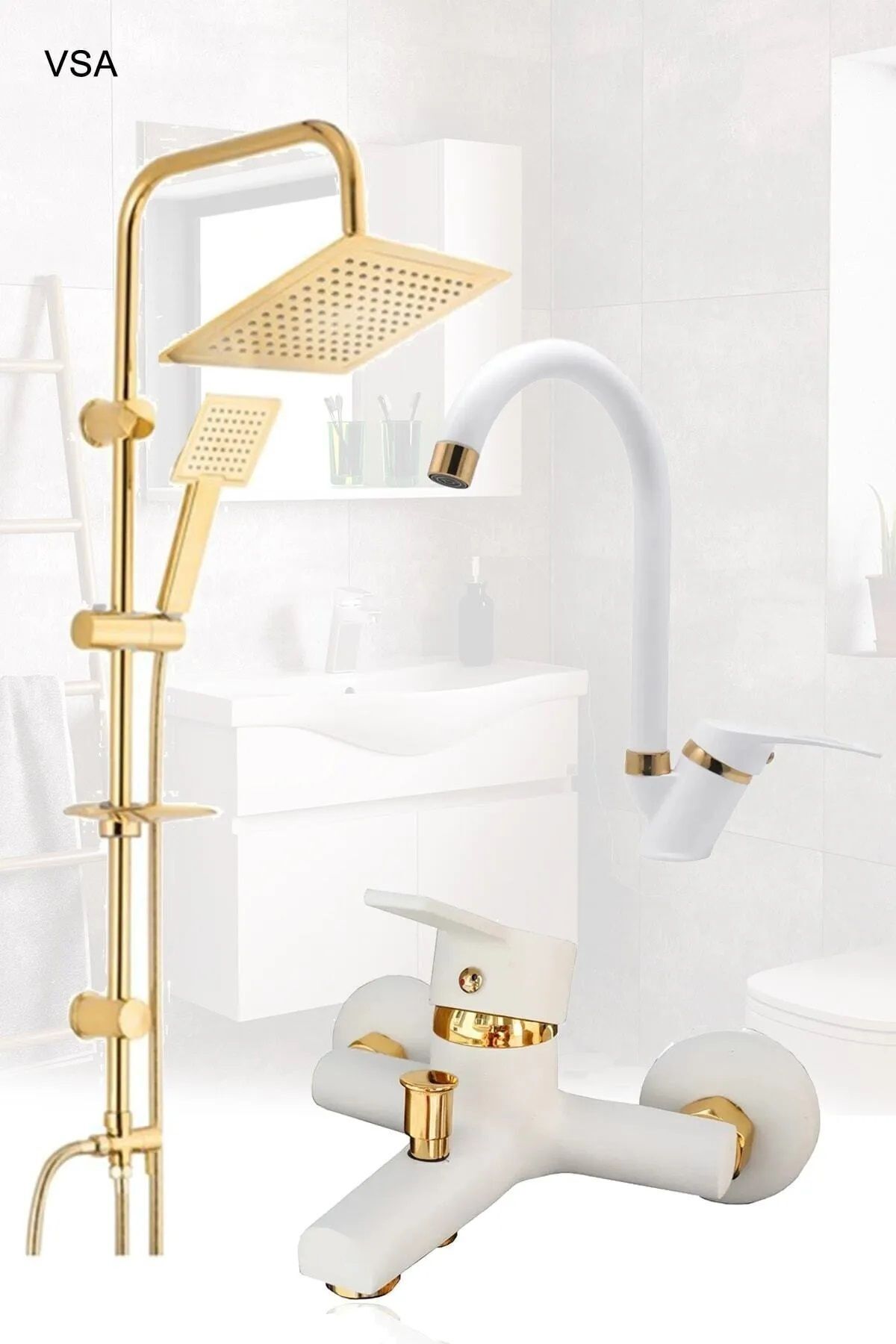 VSA Altın Robot Yağmurlama Tepe Duş Banyo Lavabo Batarya Musluk Seti Yeni Nesil Duş