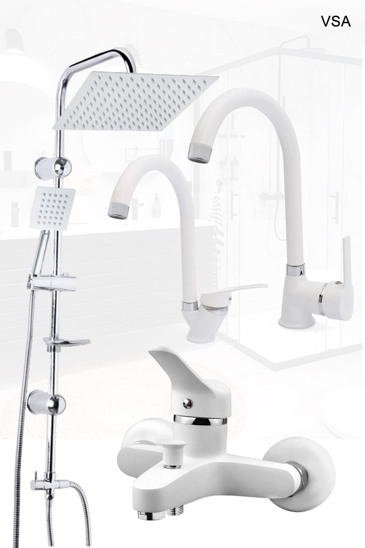 VSA Beyaz Robot Yağmurlama Duş Seti Banyo Mutfak Lavabo Bataryası Pirinç Musluk Seti