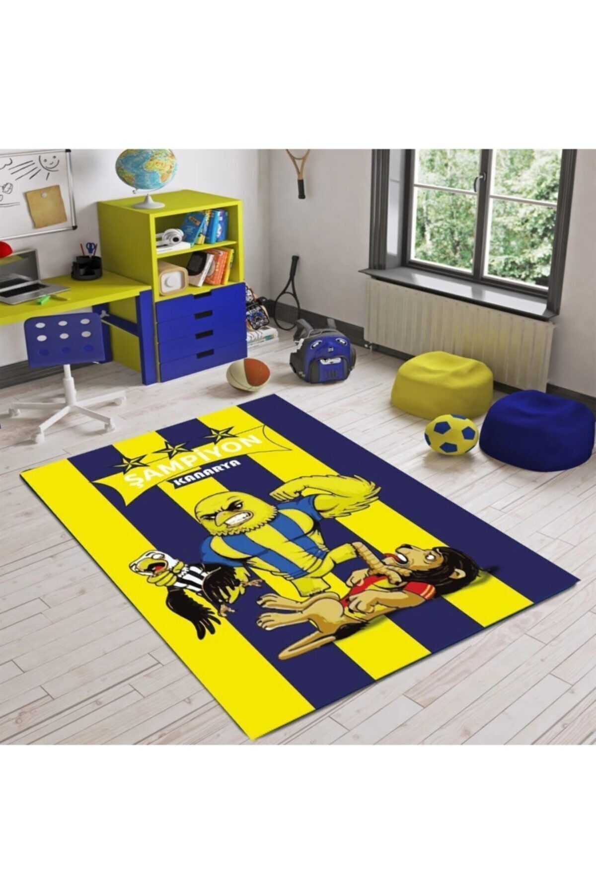 Halımax Cino 94 Şampiyon Sarı Lacivert Taraftar Kaymaz Tabanlı Çocuk Odası Halısı