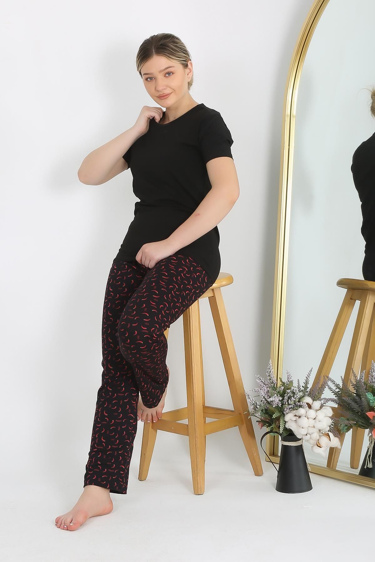 Women's Short Sleeve Cotton Combed Cotton Pajamas Set Black 4214