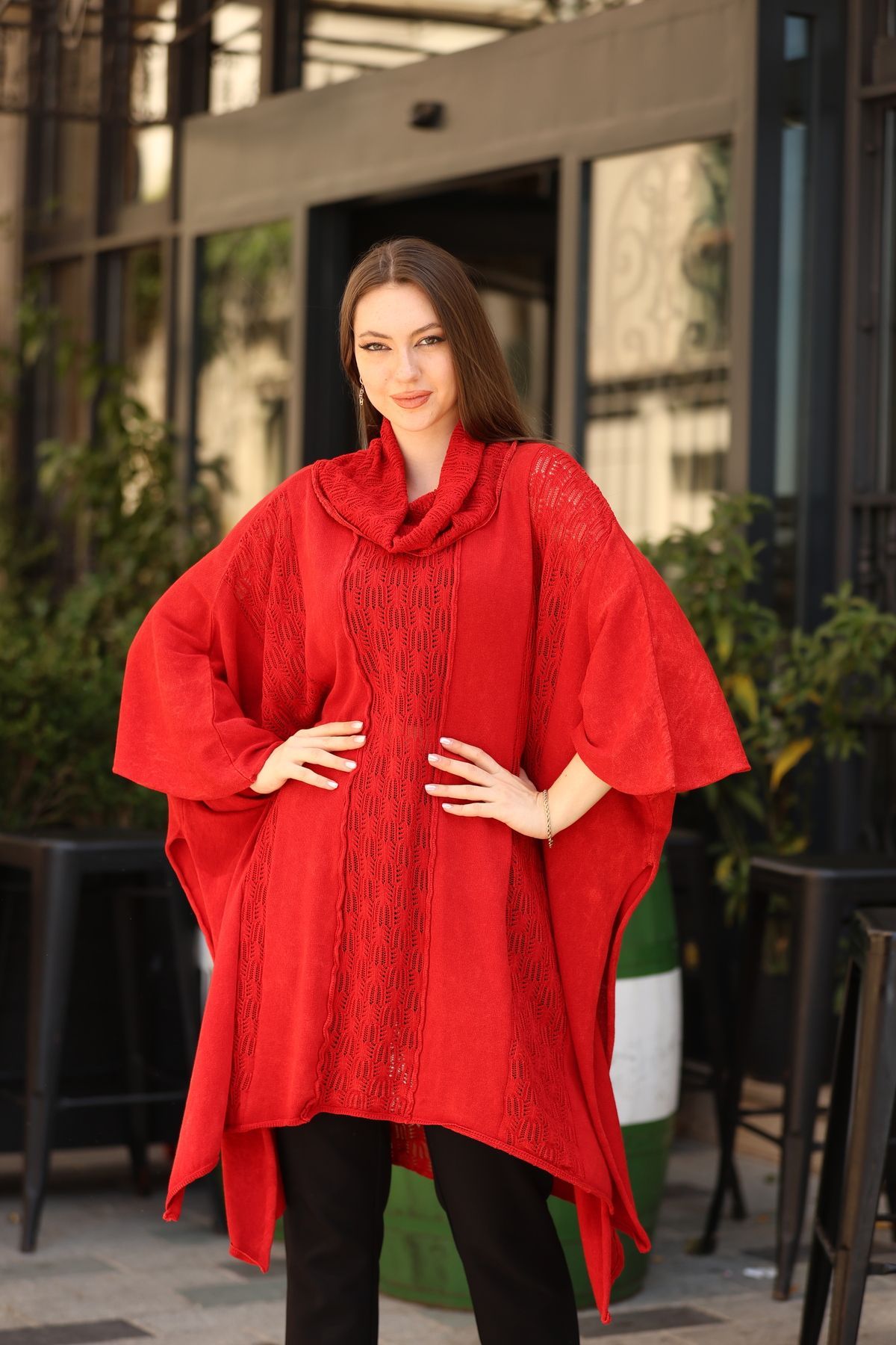 AYASOFYA OTANTIK-Ethnic Patterned Oversize Cotton Tunic Cap with Red Shawl Collar - Casual Antique 7