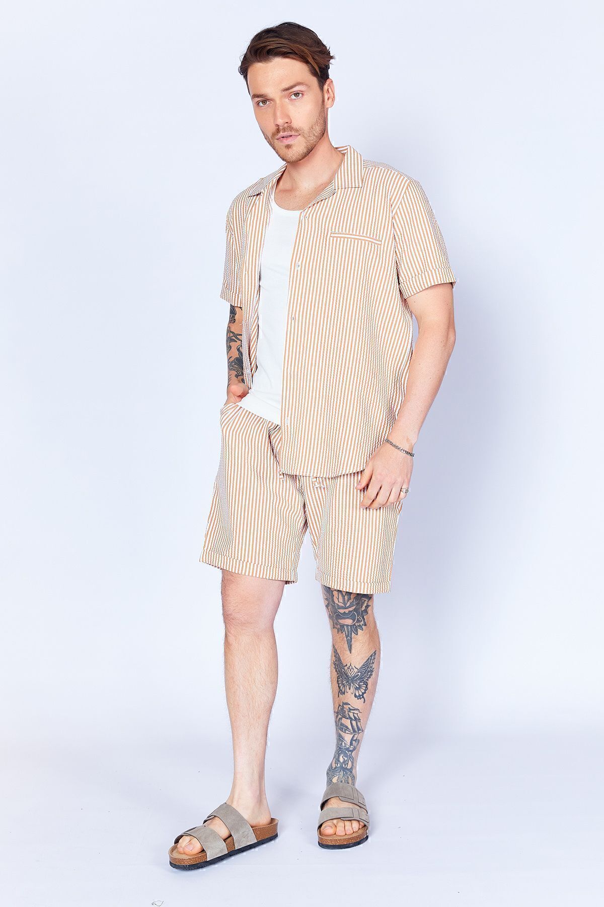 MAN EDITION-Men's Jogger Shorts - Camel Seersucker Striped, Elastic Waist| Ees650453-0453 2