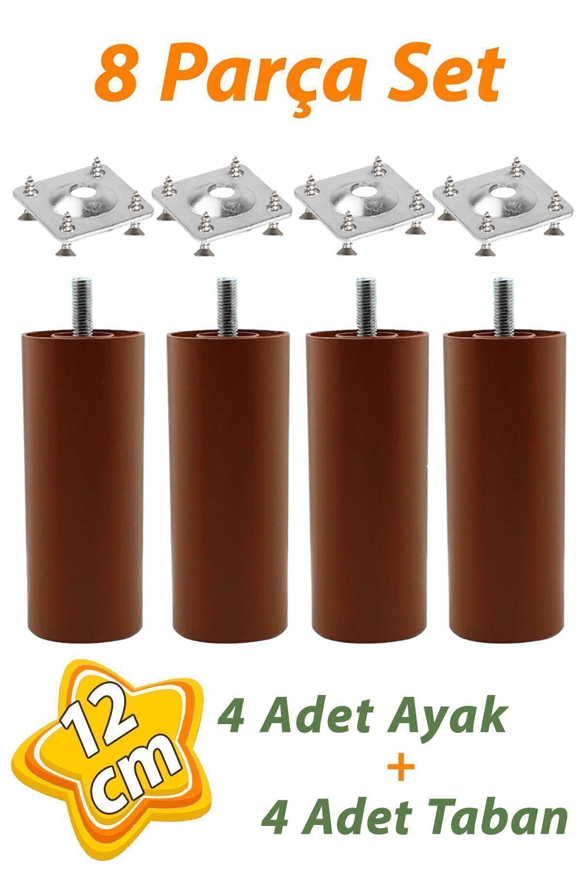 4 Pieces of Support Leg 12 cm Brown and 4 Pieces of Flat Foot Base M8 Bolted Thin Dental Furniture Base Set