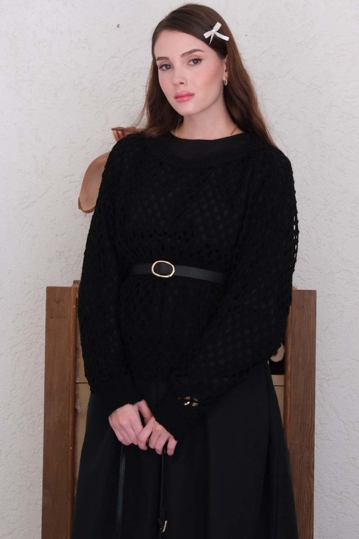 Ceylan Otantik-Black Knitwear Blouse - Balloon Sleeve and Waist Robe 5