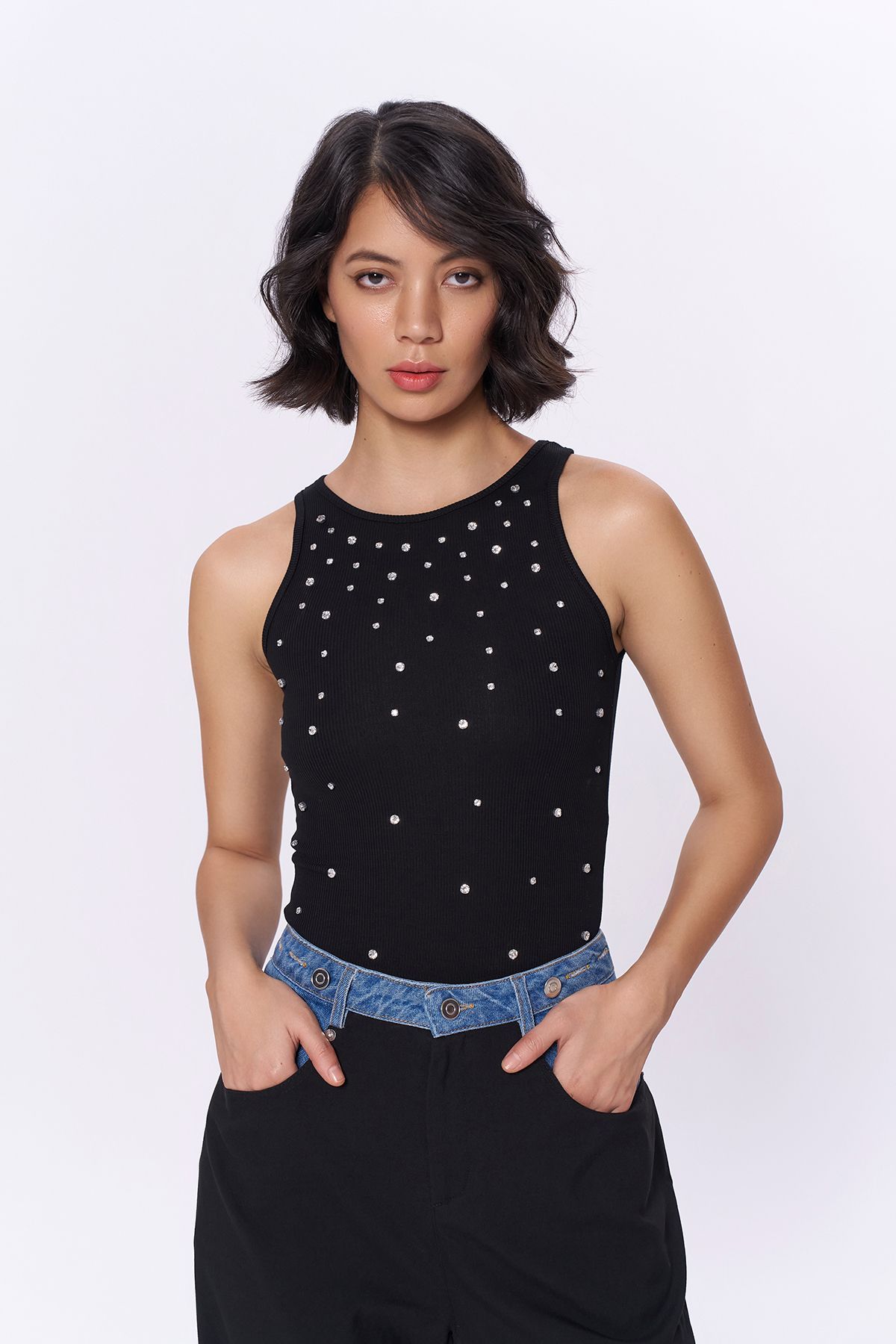 Quzu-: Black Halter Collar Bodysuit - With Stone Accessories 4